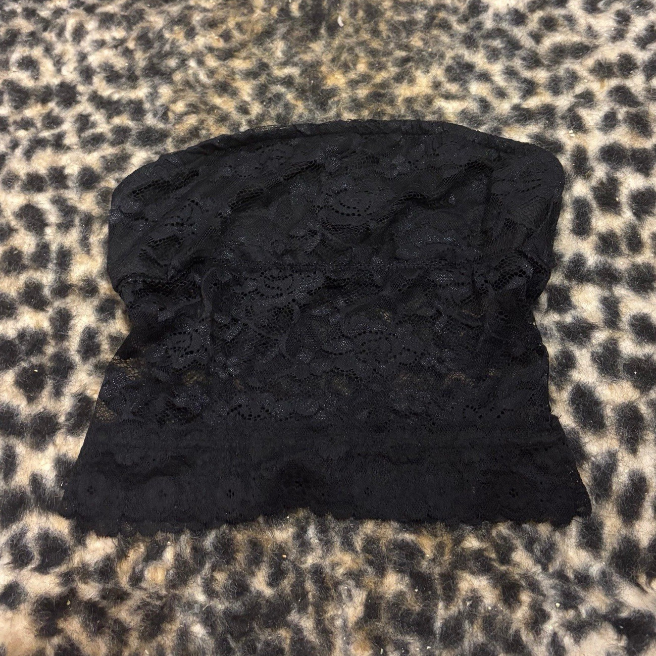Black Lace Strapless Bandeau Bra Wireless Stretch Pullover Semi-Sheer Size S