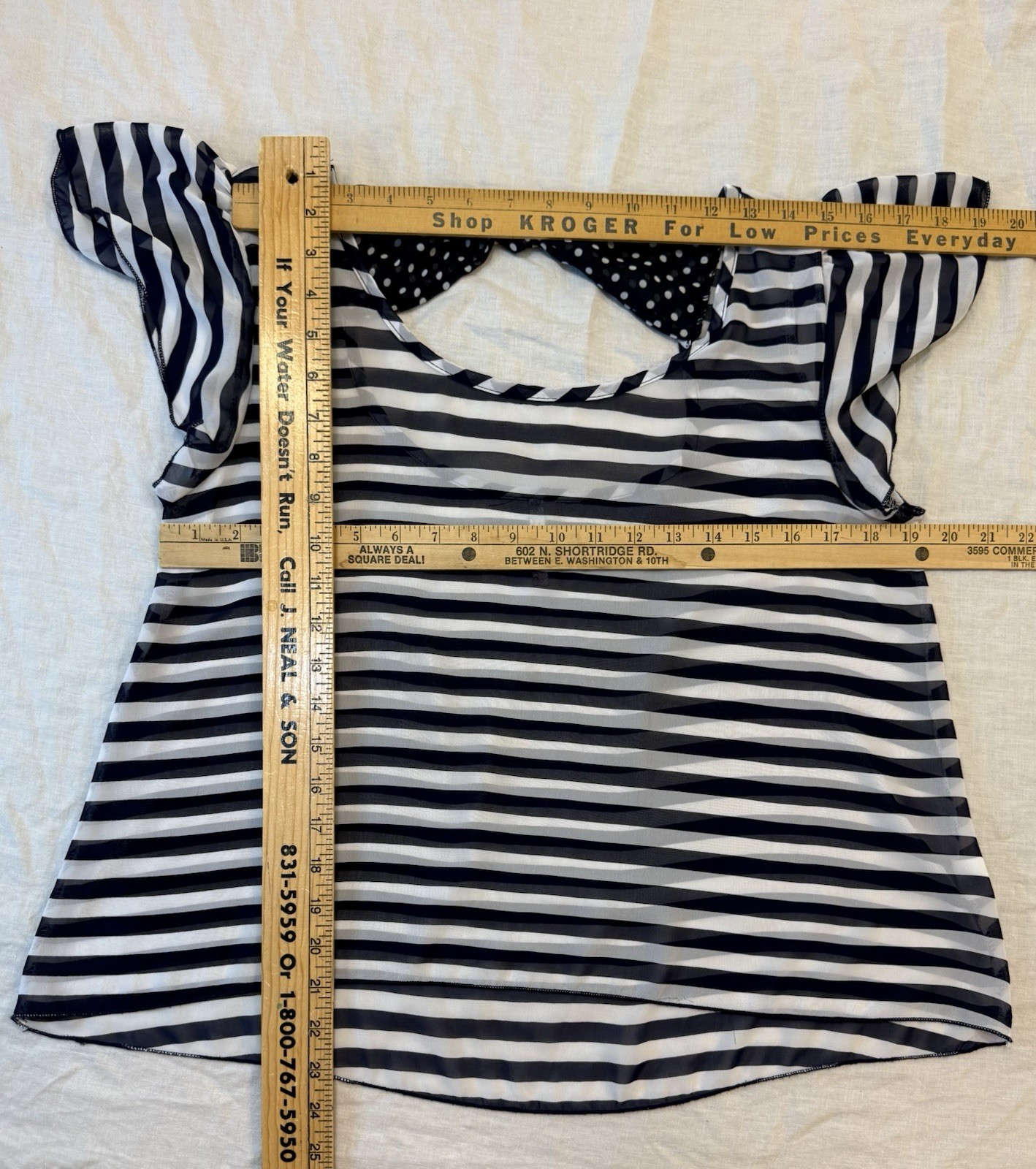 SWEET CLAIRE Top Women Sz L Blue/White Stripe Polka Dot Sheer Polyester Blouse