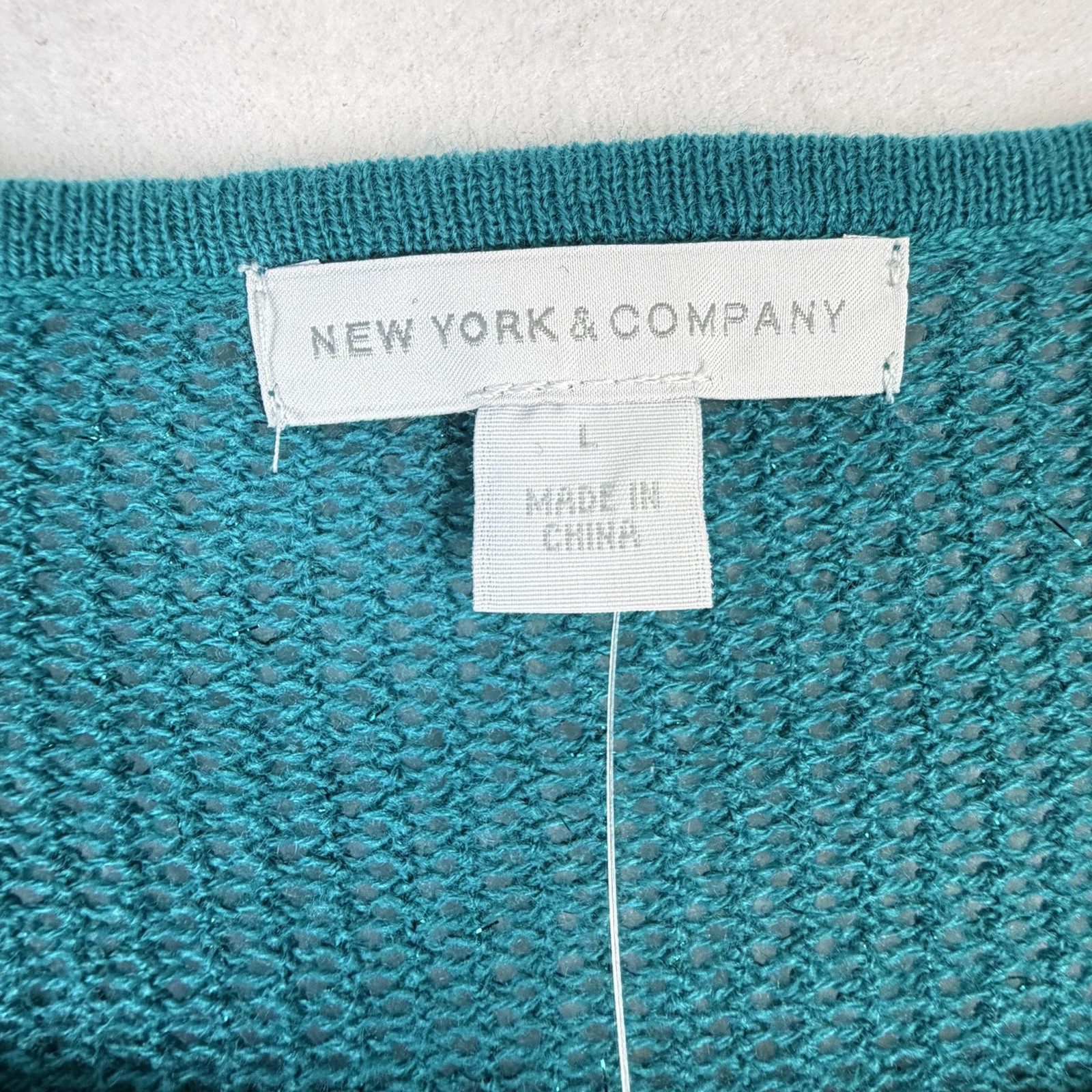 New York & Company Top Womens L Mesh Open Knit Yoke Sweater Top Green Teal NWT