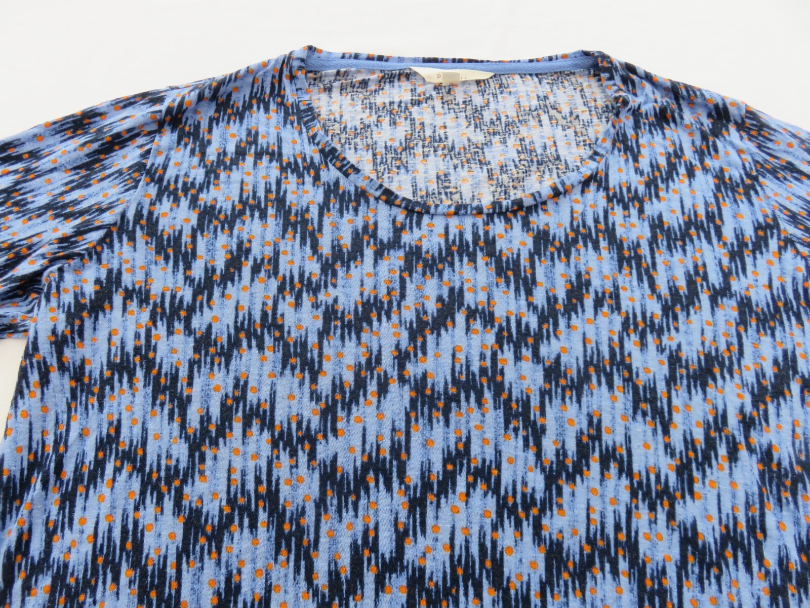 M&S PER UNA FAB BLUES IKAT ISH & ORANGE DOTS PATTERN 30% LINEN BLEND TOP UK 14