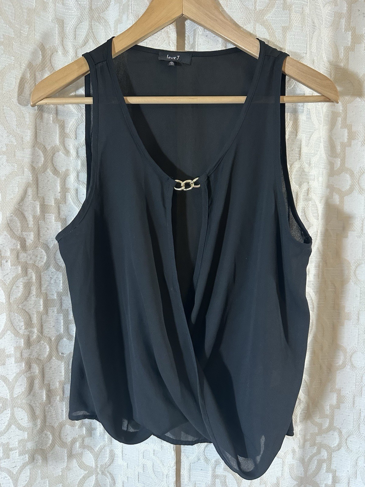 Women’s Love J Black Waist Length Top Shirt Sleeves Gold Chain Detail Size XL