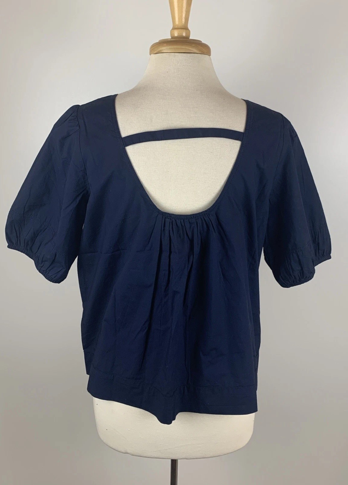 LOFT NWT Medium Top Navy Blue Puff Sleeve Detailed Cut Out Back 100% Cotton