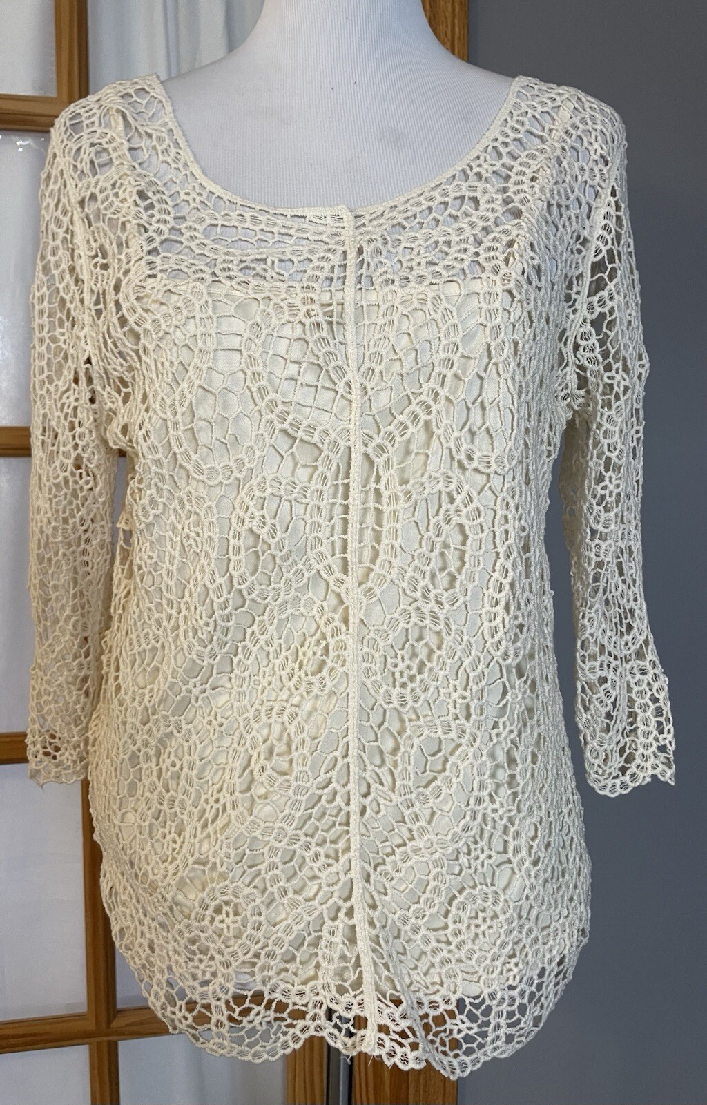 Adiva Crochet Blouse Womens Sz L Beige Floral Open Knit Cami Lining Cottagecore