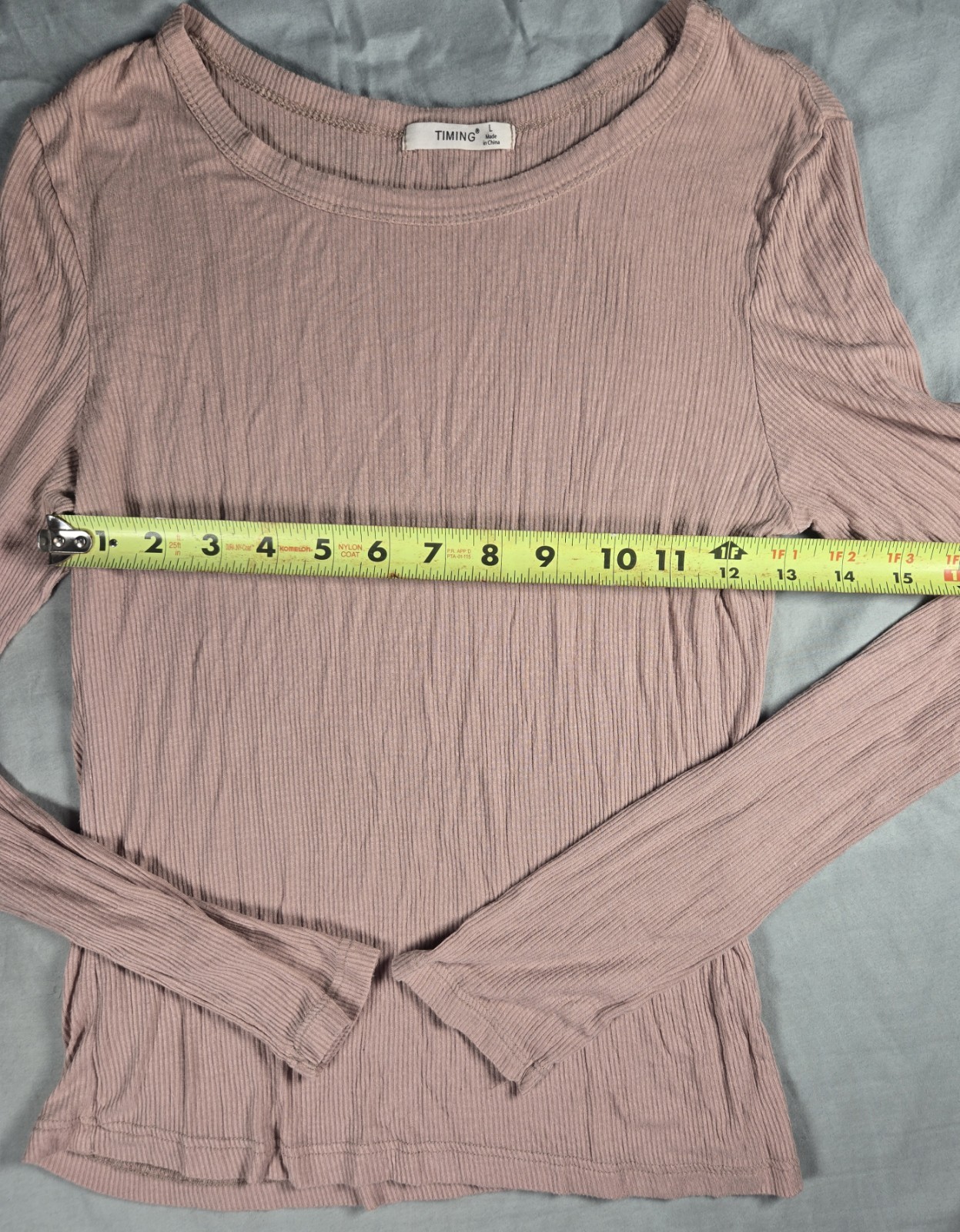TIMING Women’s Pink Peach Solid Ribbed Knit Round Neck Long Sleeve Tee Size L