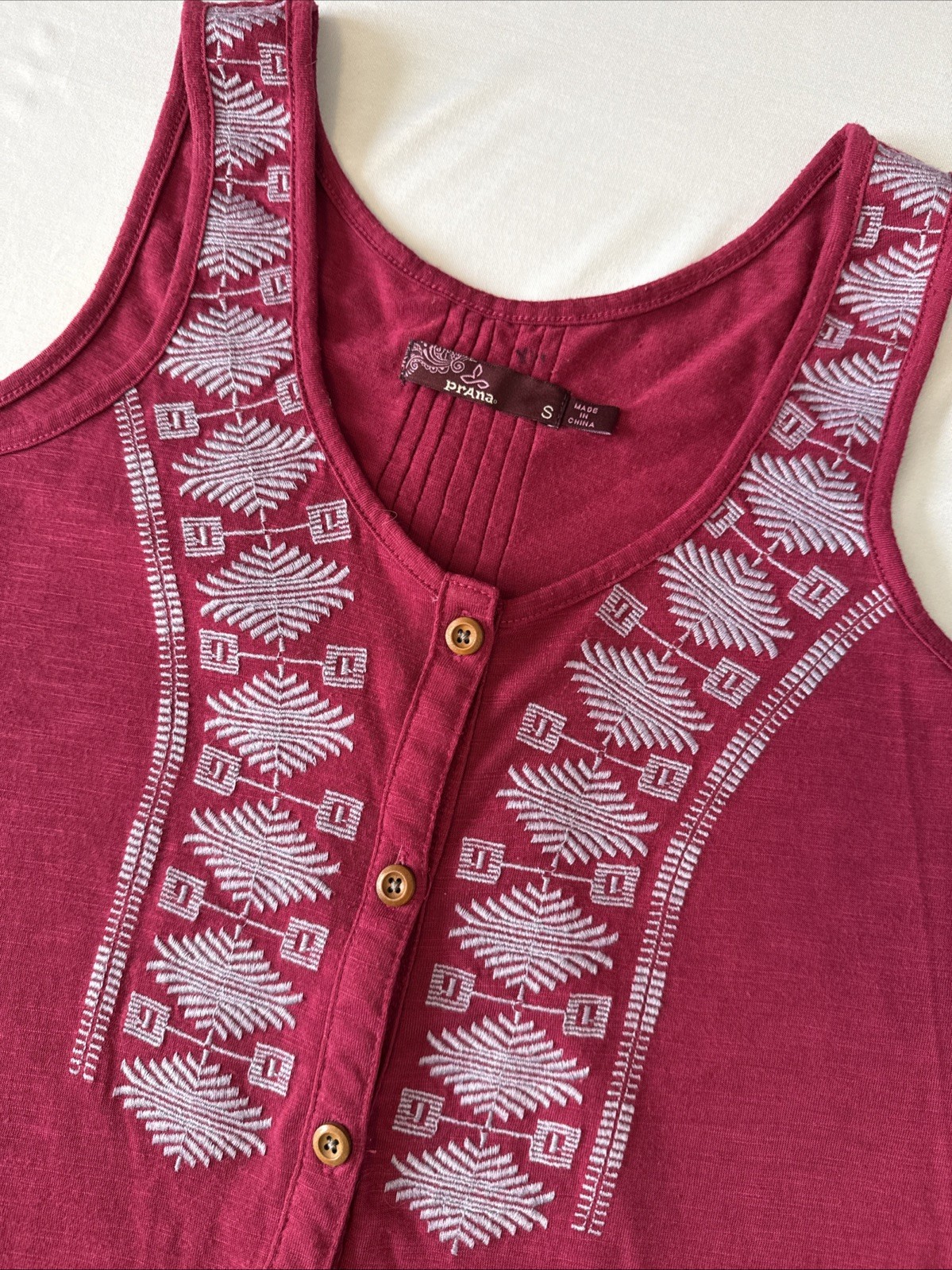 Prana Embroidered Button Front Pleated Tank Top Women’s S Relaxed Boho Festival
