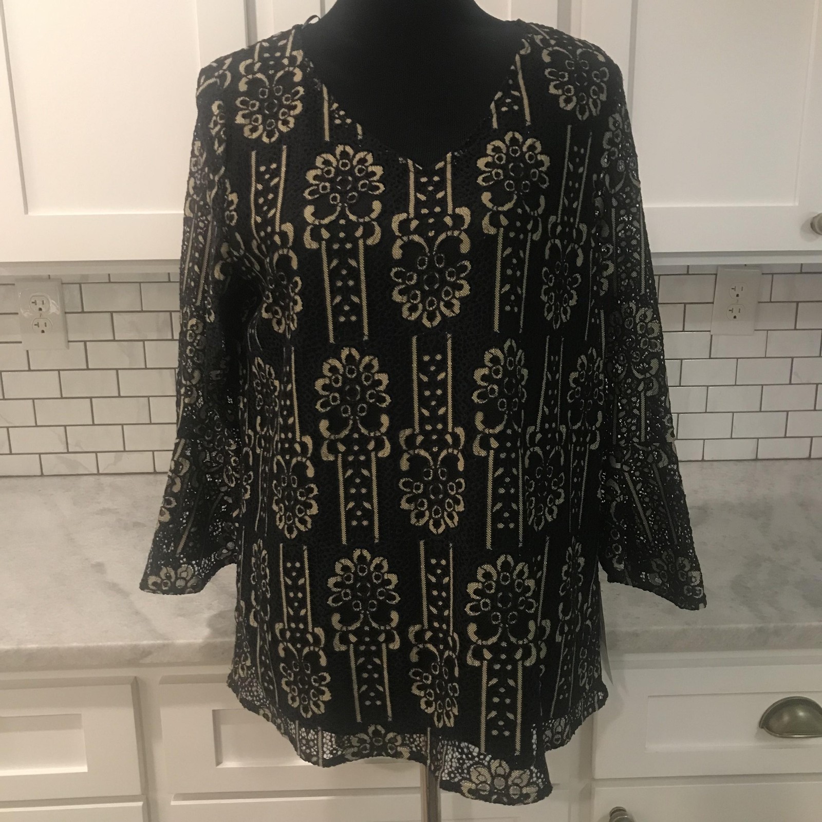 Calessa Tunic Womens Large Black Lace Top Shirt V Neck Bohemian Western New Tags