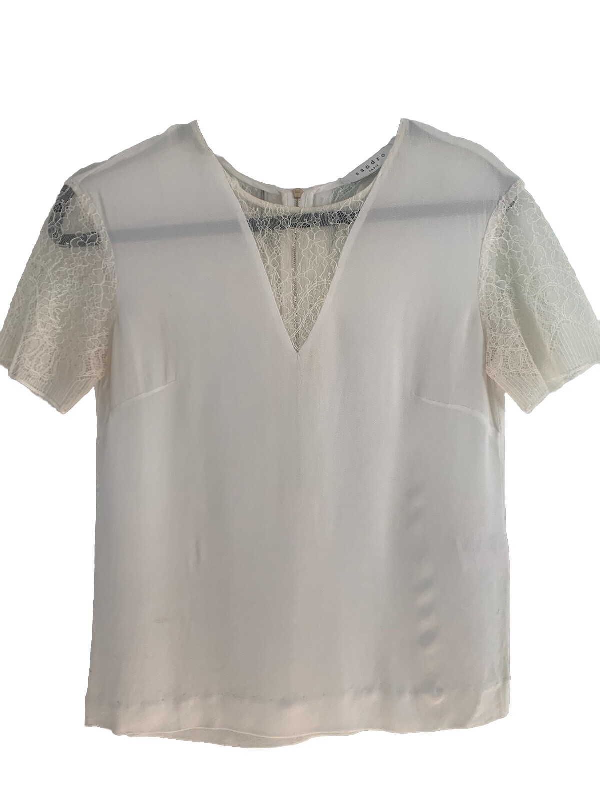 Sandro Paris Designer Woman’s Blouse with Lace Insert Gold Zipper In Back Sz Sm