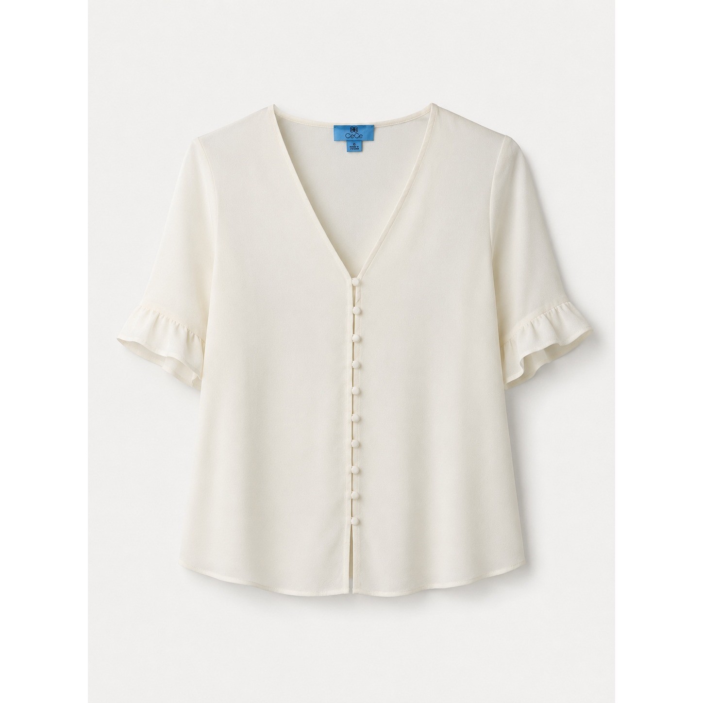 CeCe Women Ivory Ruffle Sleeve V-Neck Button Front Blouse Cream capsule basic PS