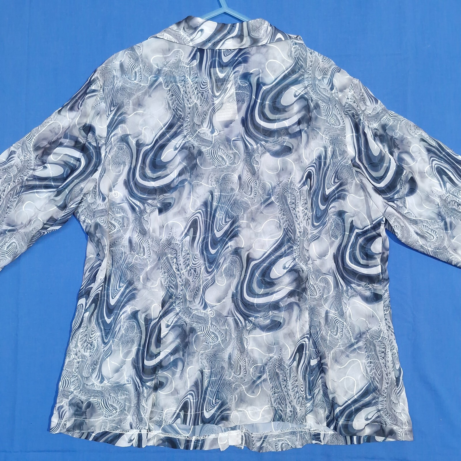 Bellina Top Womens 18 Grey & Blue Blouse Sheer Fabric w/ Swirl Pattern Ruffles
