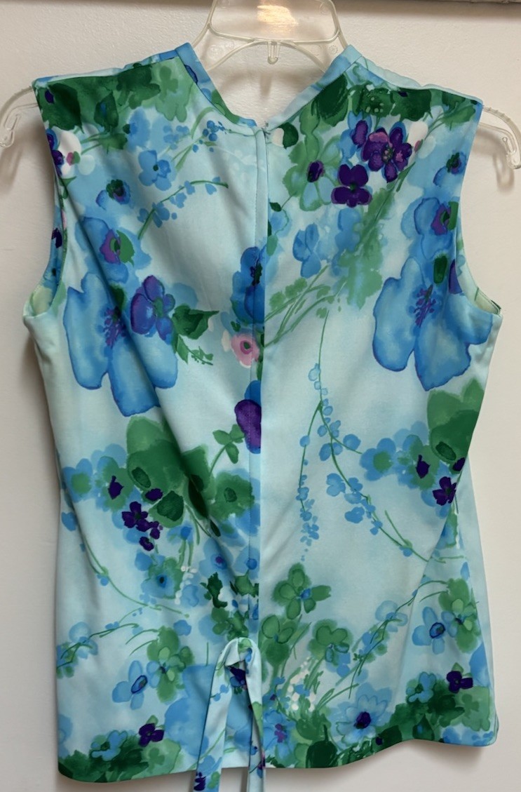 VTG 60’s70’s Woman’s Floral Sleeveless Shirt w/ Belt Retro MCM Mod Medium