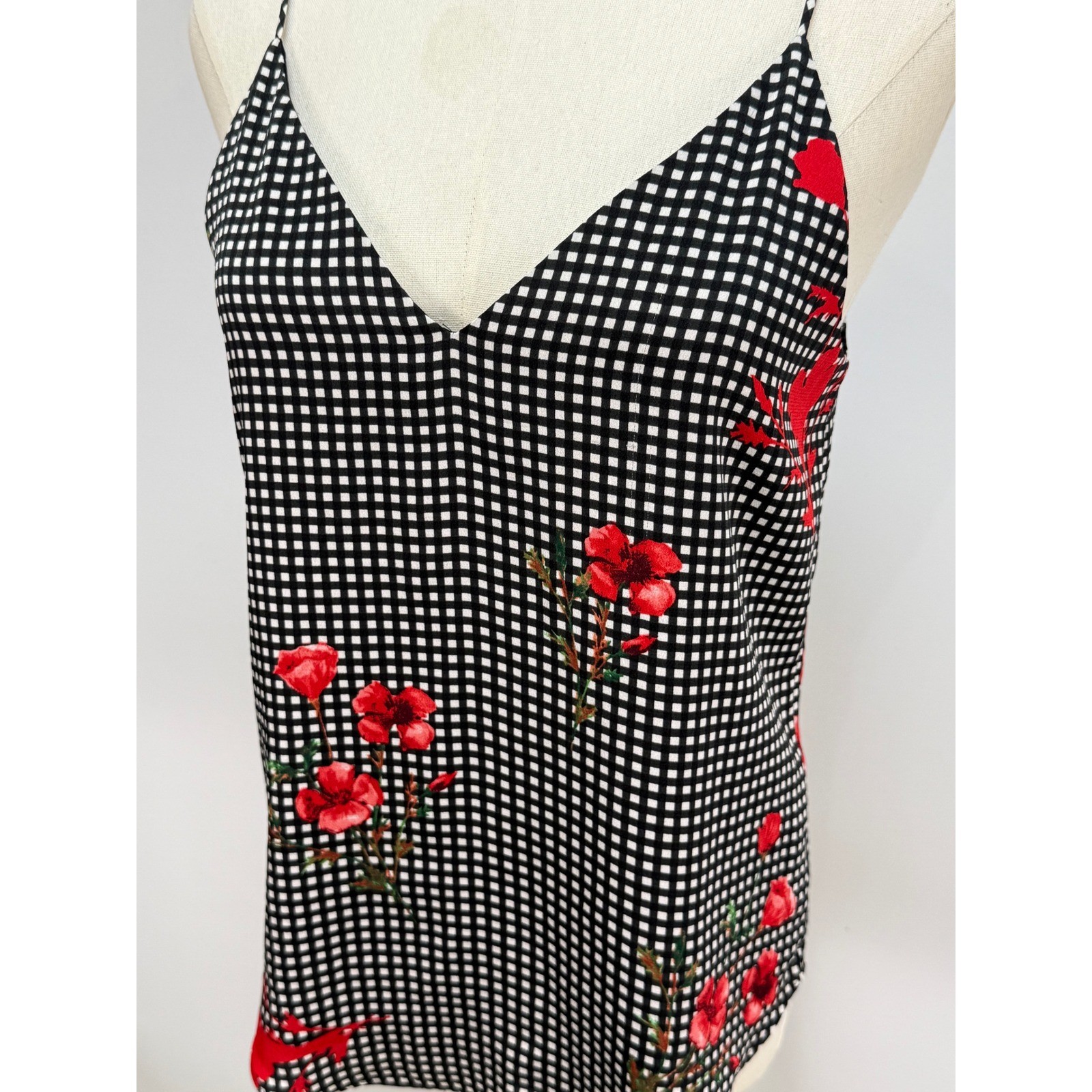 Express Gingham Floral Cami Tank Top Black White Red V-Neck Spaghetti Strap XS