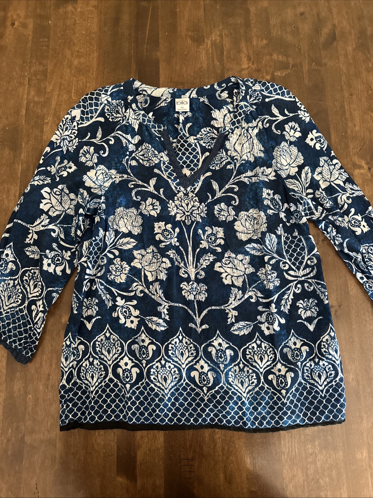 Bila Blouse Top Floral India Blue M Medium Bohemian Boho Peasant Art to Wear