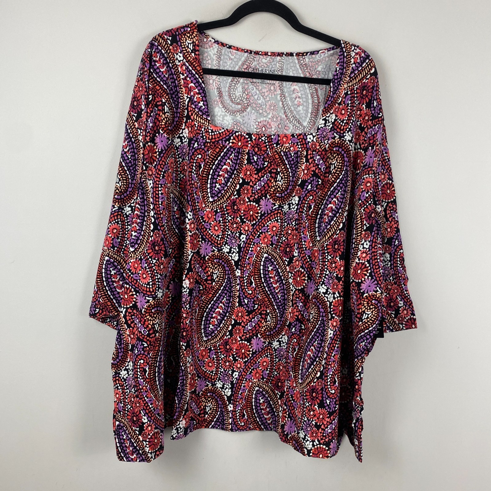 Catherines Suprema Tunic T Shirt Size 4X Square Neck 3/4 Sleeves Paisley Multi