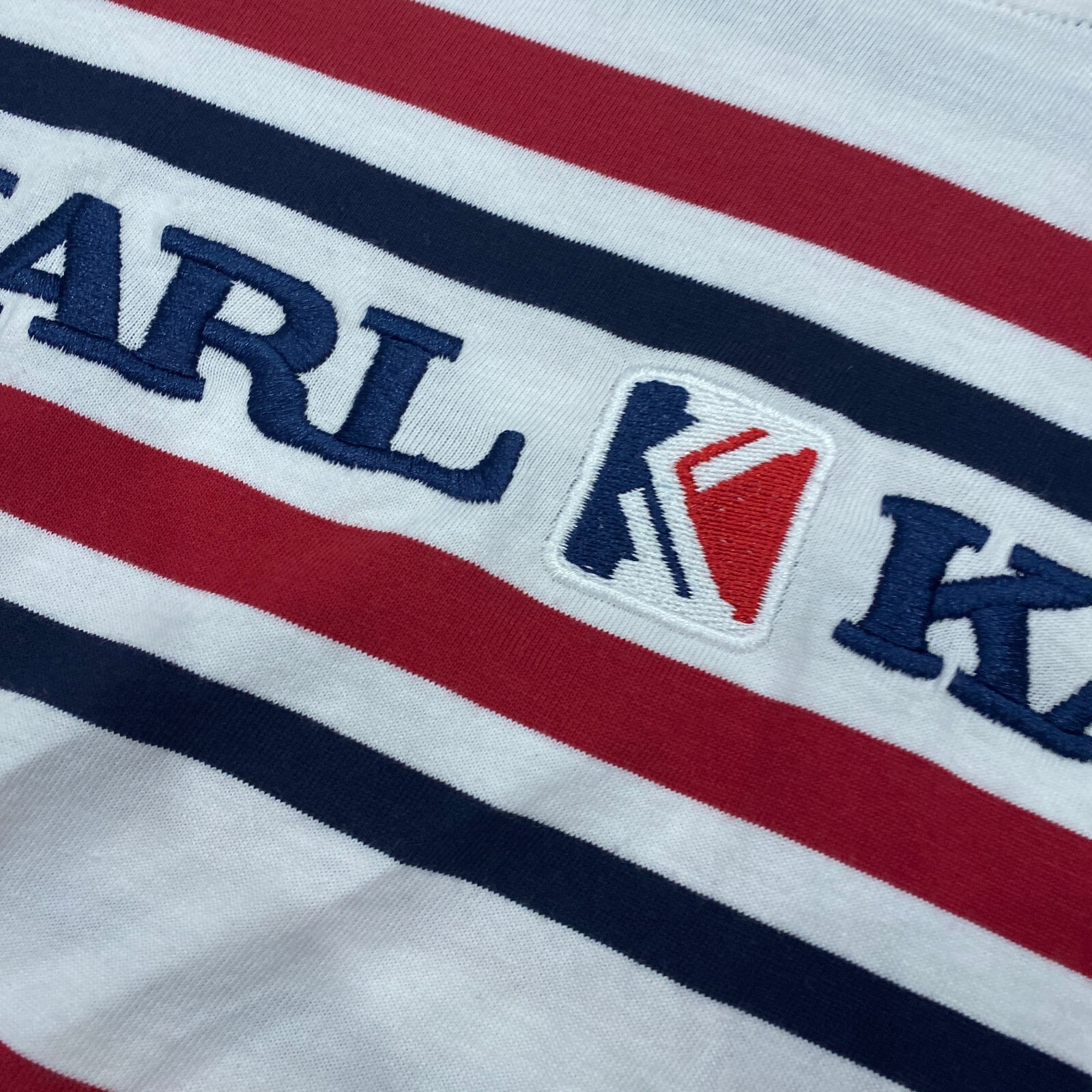 Karl Kani White Red Blue Striped Retro Cropped Short Sleeve T-Shirt Women’s Sz L