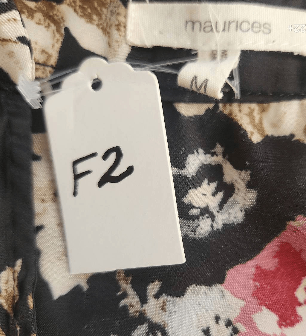 F2 Maurices black blouse w pink & floral print and flouncy sleeves Size Medium