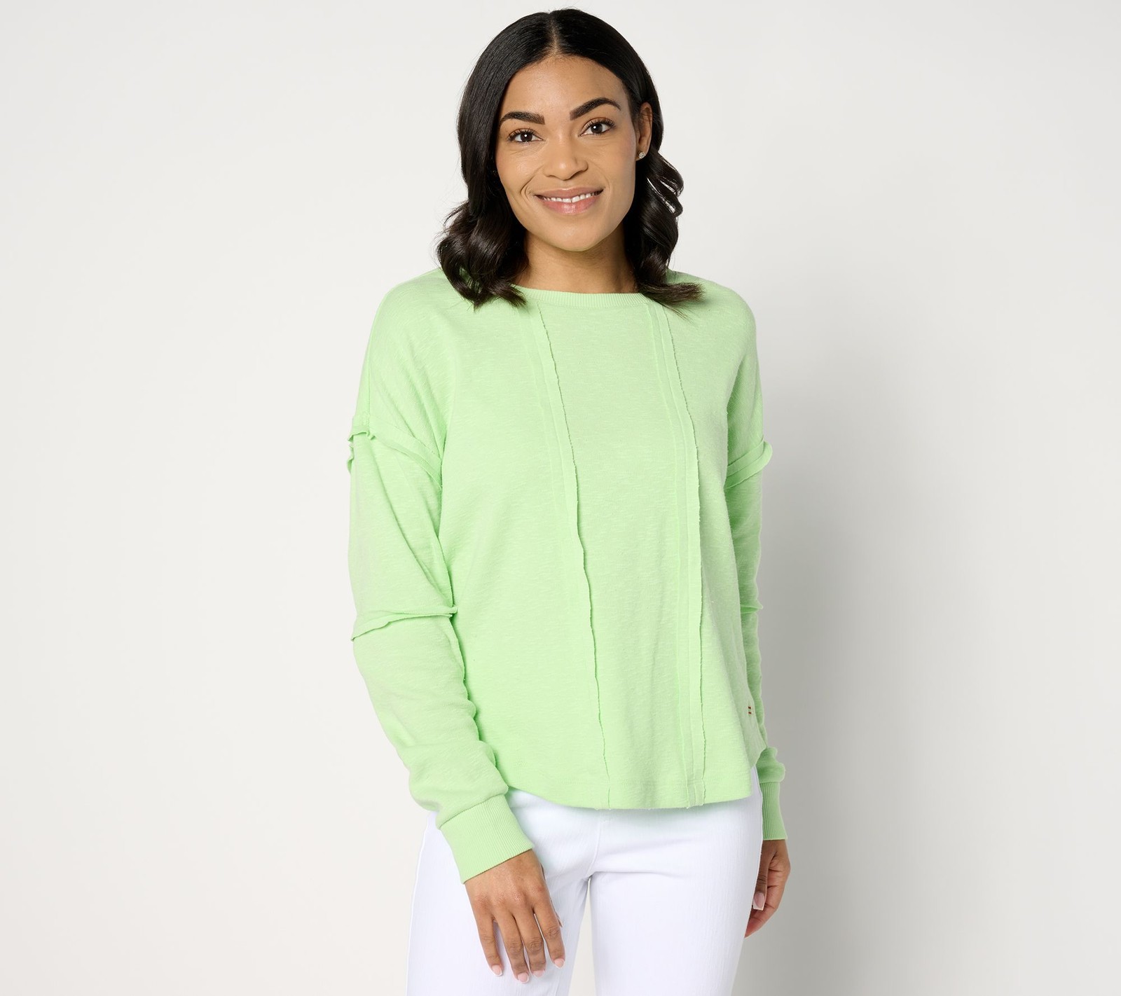 Peace Love World Women’s Top Sz L Curved Hem Long-Sleeve Green A638265