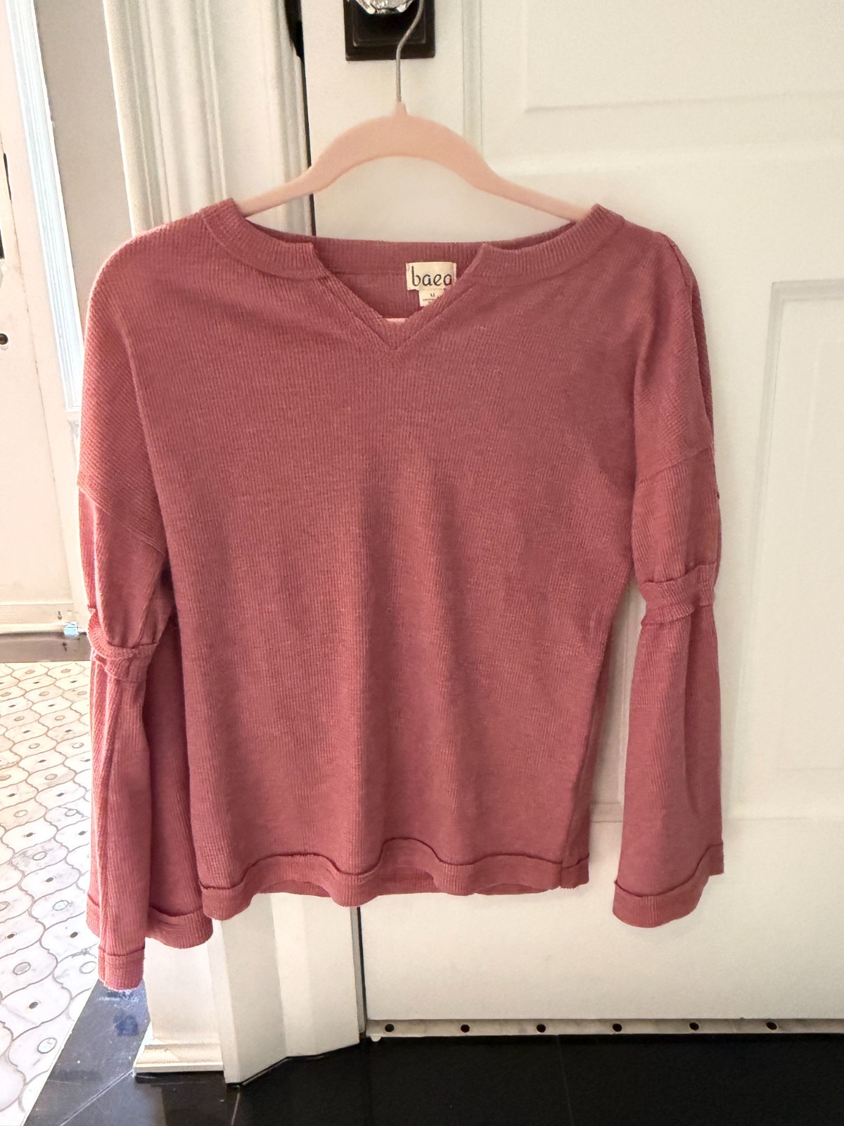 Baea Split Neck Waffle Knit Thermal Top in Blush Pink Size M