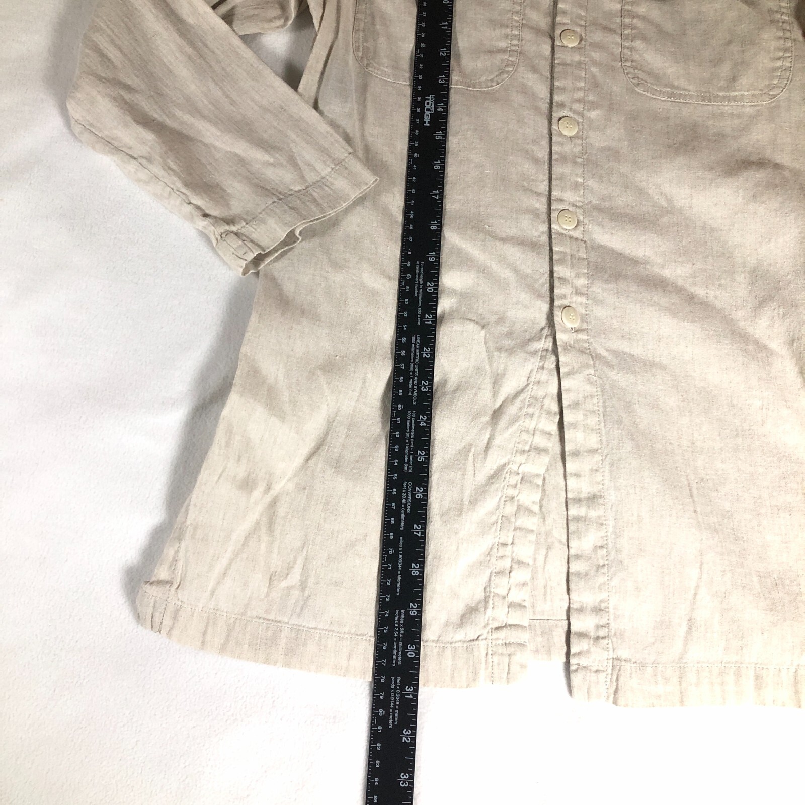Lizwear Womens Linen Blend Tunic Top Sz M Beige Button-Up Flap Pockets