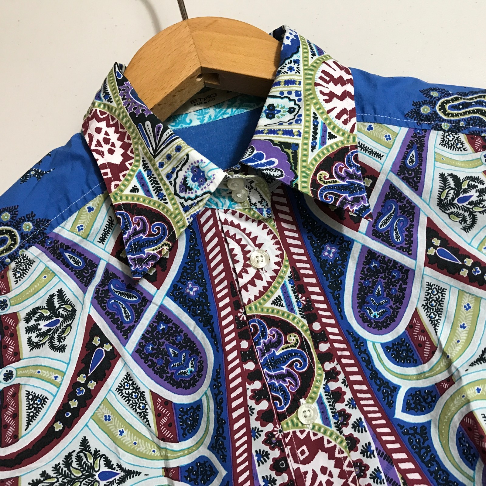 ETRO Women’s Blue Paisley Print Stretch Cotton Shirt Made in Italy Size 42