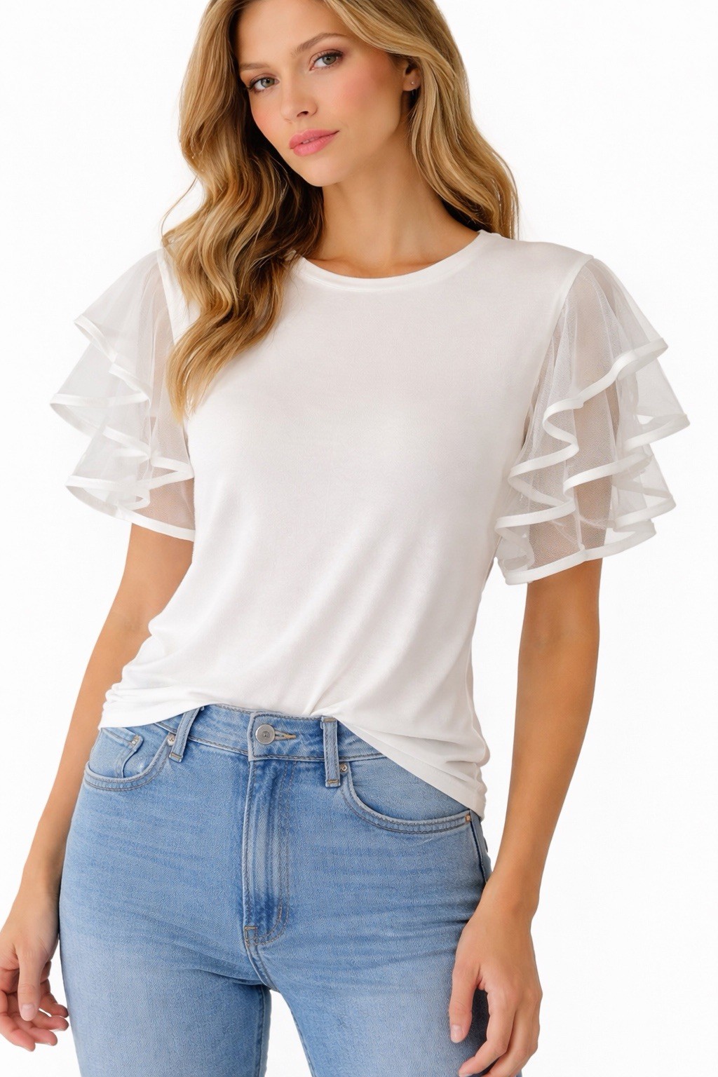 Marc New York Andrew Marc White Ruffle Sleeve Top XS Sheer Mesh Modern Chic