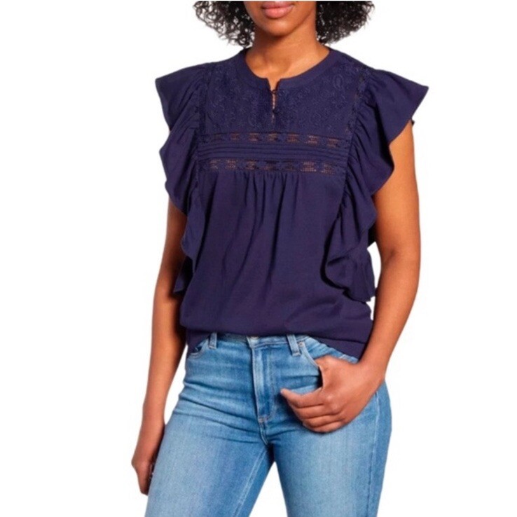 Caslon Navy Blue Embroidered Yoke Lace Trim Ruffle Tank Size Small