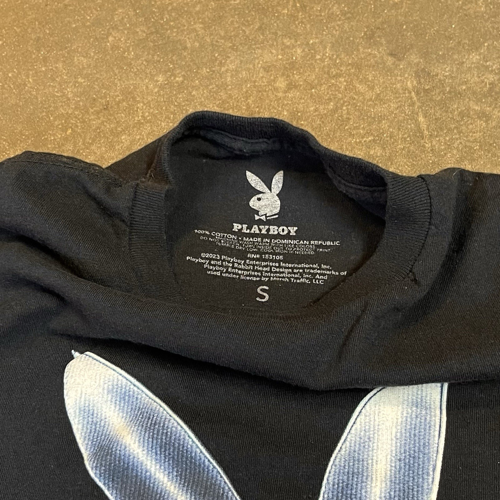 Playboy Bunny Logo Graphic T Shirt Womens Small Black Metallic Blue Y2K Tee