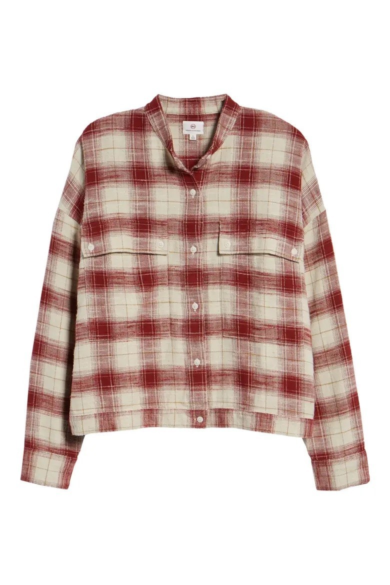 AG Adriano Goldschmied Smith Women’s Plaid Flannel Shirt Jacket Red Cream Size L