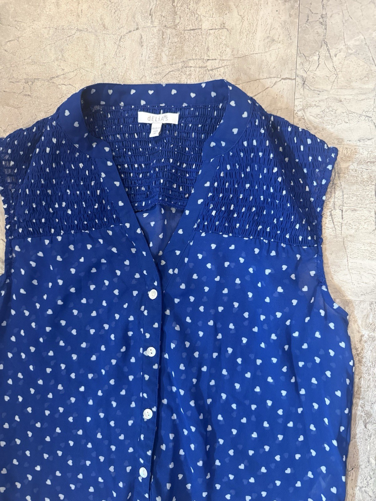 Delia*s Chiffon Blue Heart Cropped Sheer Sleevless Tie Blouse Size M