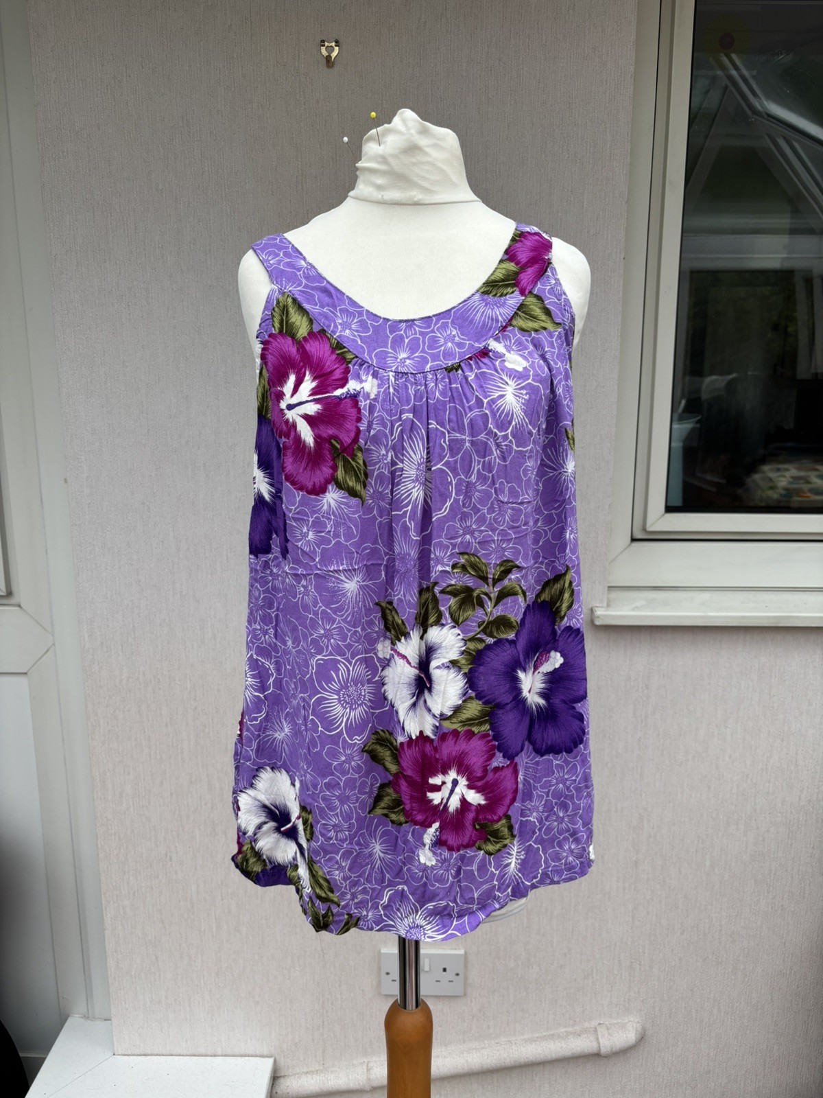 Vintage Aloha Fashion Hawaiian Hibiscus Tank Top Purple Rayon Boho UK L Y2K