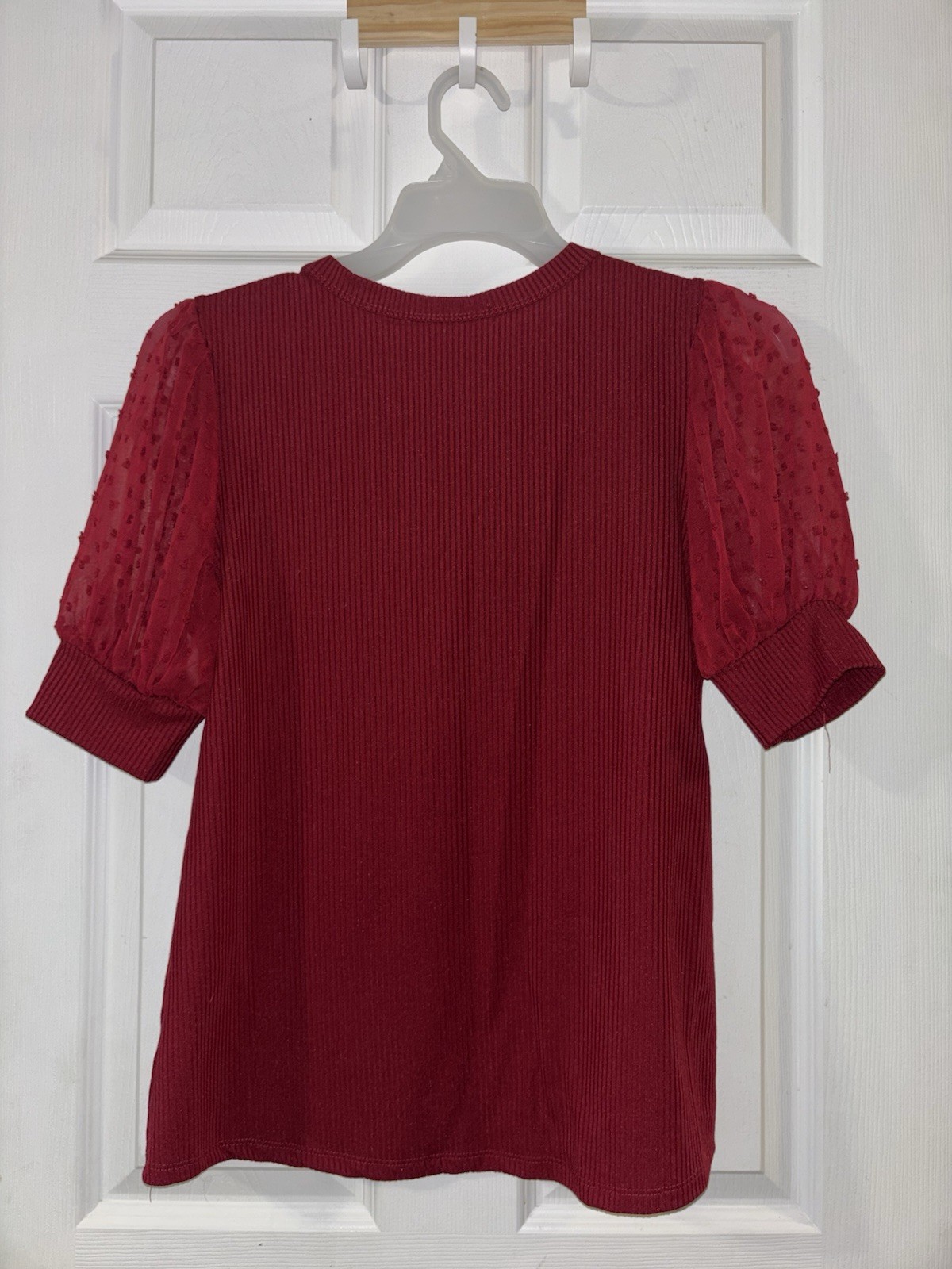 Deep Red Blouse Sheer Large L Short Sleeves Ribbed Knit