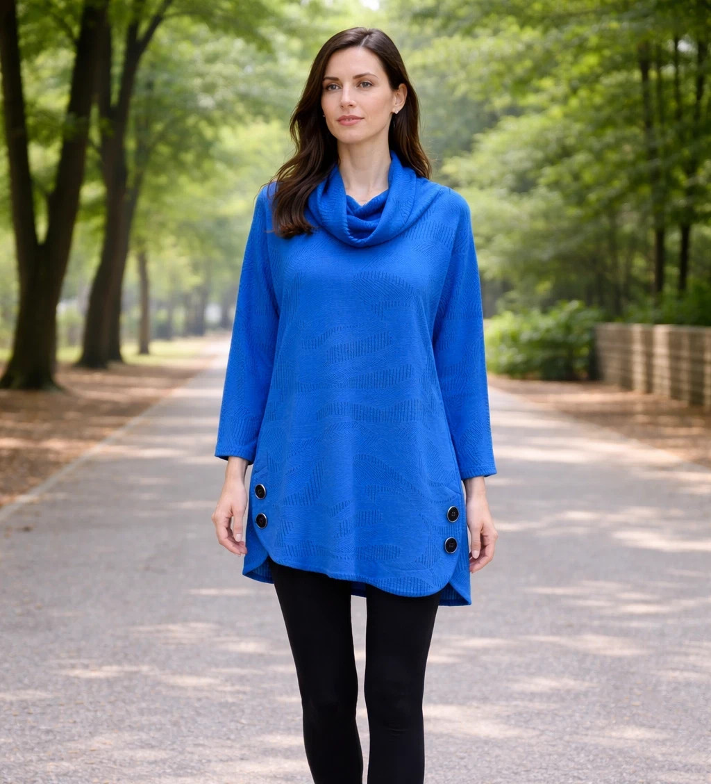 Ali Miles Sweater Tunic Women’s M Buttons Royal Blue Textured Cowl Neck