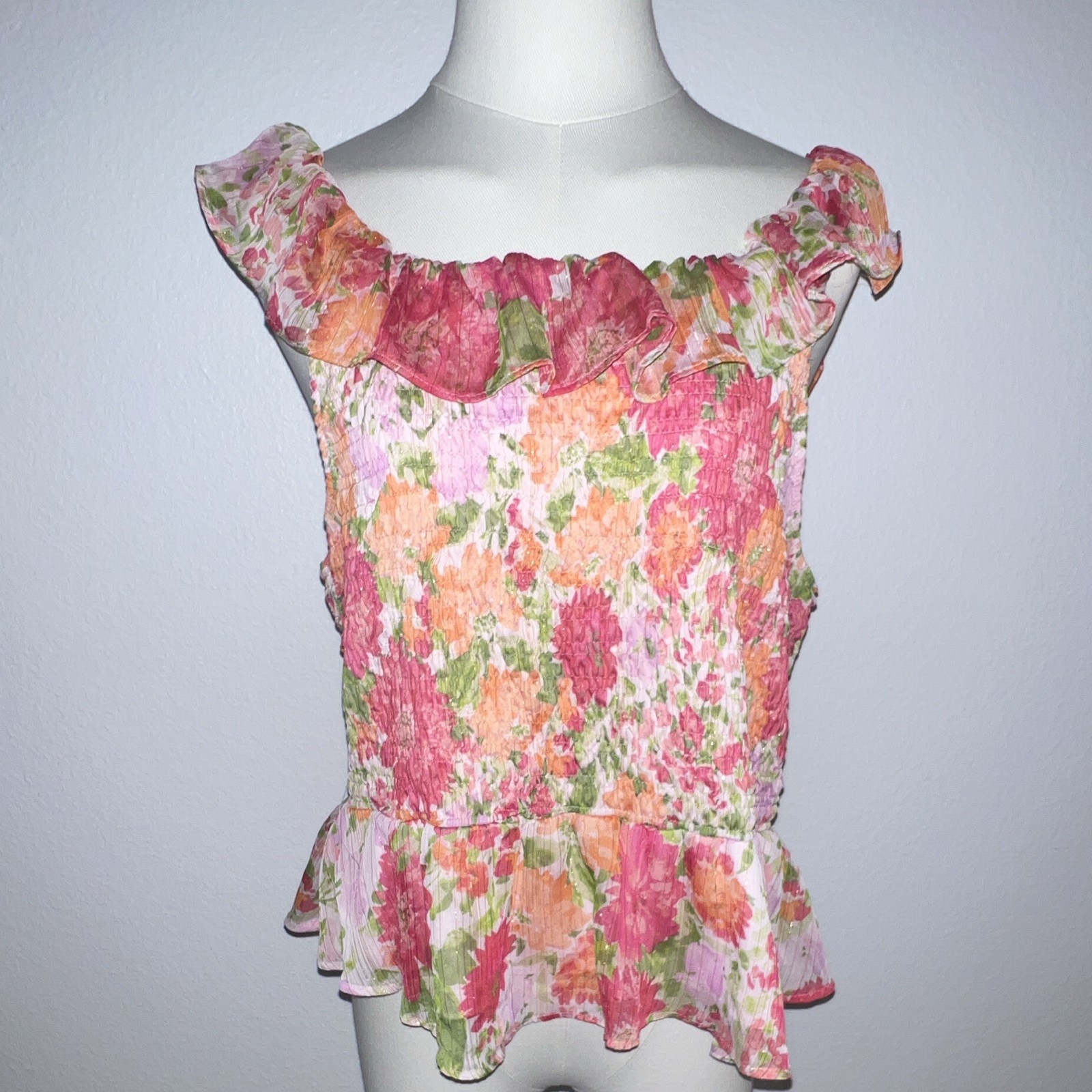 LC Lauren Conrad Floral Smock Ruffle Peplum Square Neck Blouse 2XL Pink/Orange