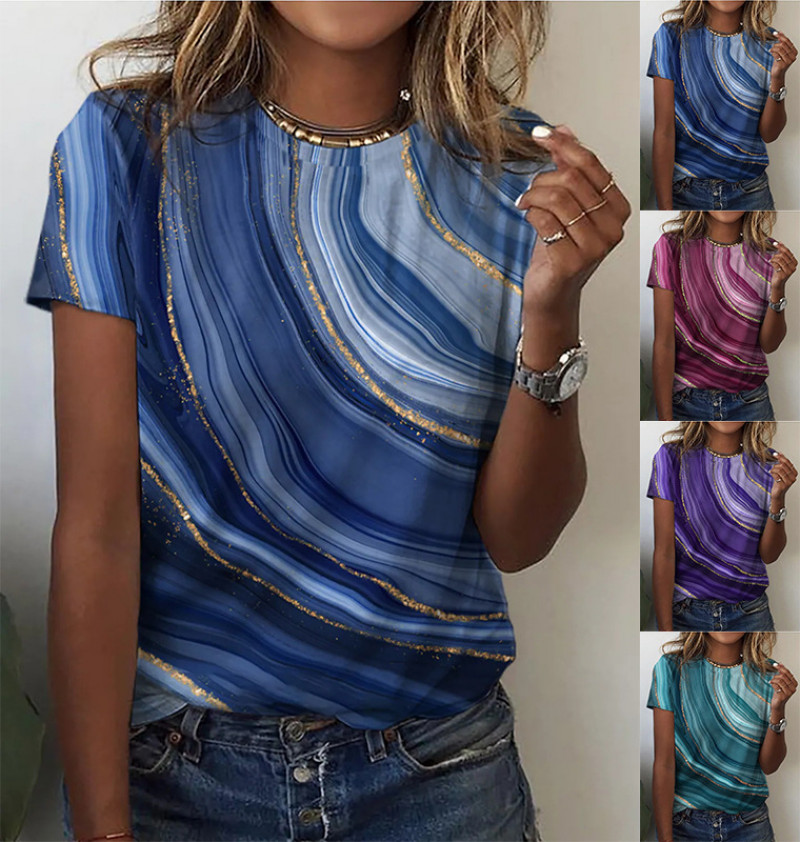 Women’s Top Summer Abstract Print Large Size Short Sleeve Crewneck T-shirt