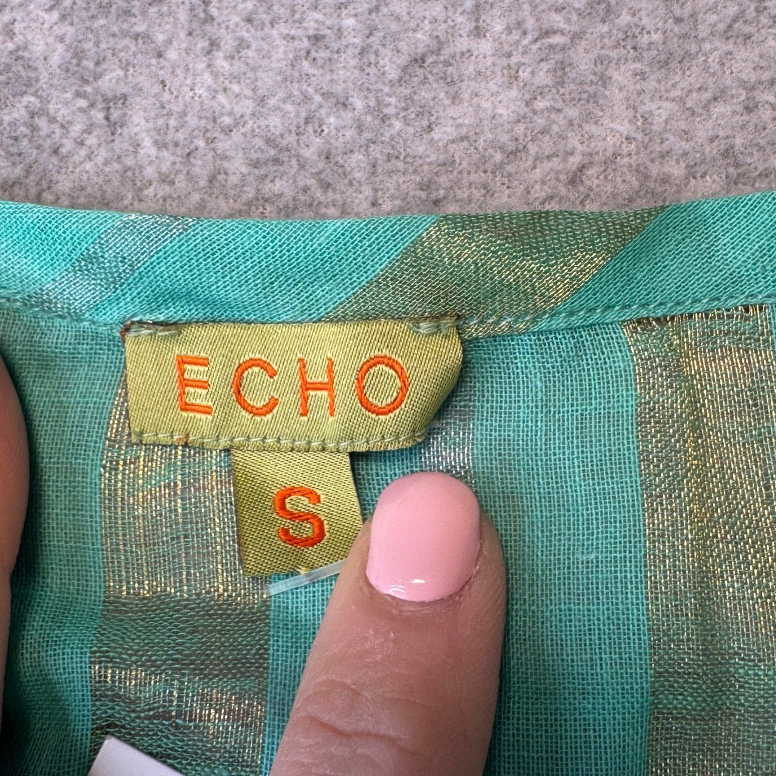 Echo Beach Cover Top Pockets Turquoise Gold Metallic Striped Tunic Womens Small