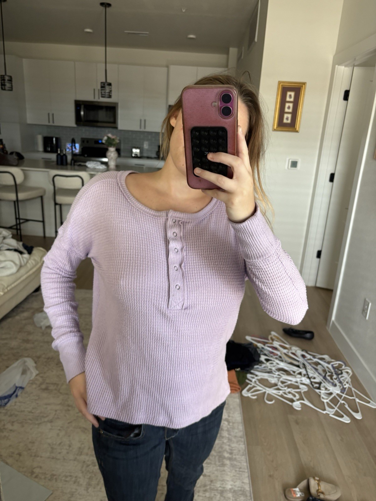 SO Women’s S Purple Solid Waffle Knit Round Neck Button Henley Long Sleeve