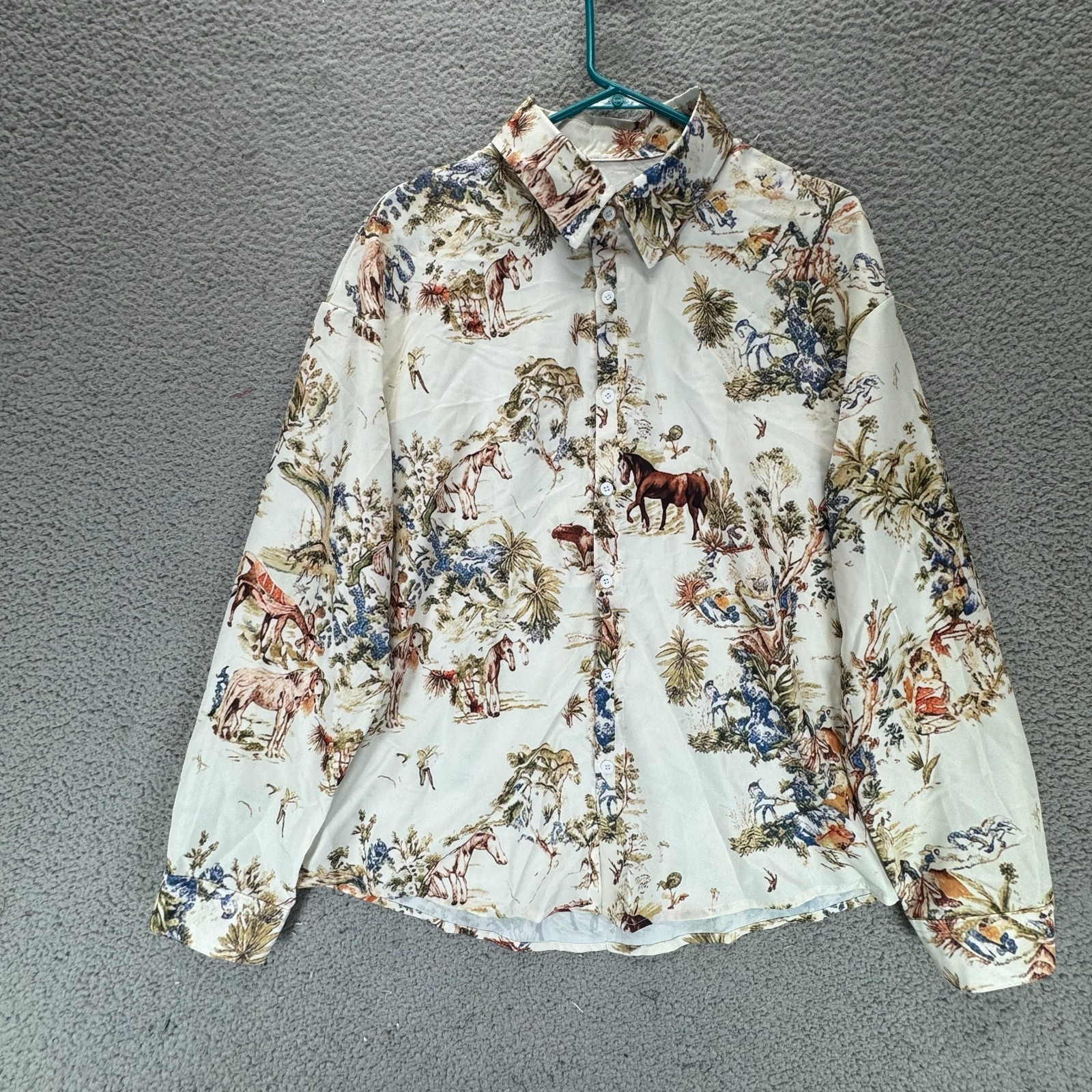 Unbranded Womens Button Down Long Sleeve Blouse White Jungle Print Plus Size 1XL