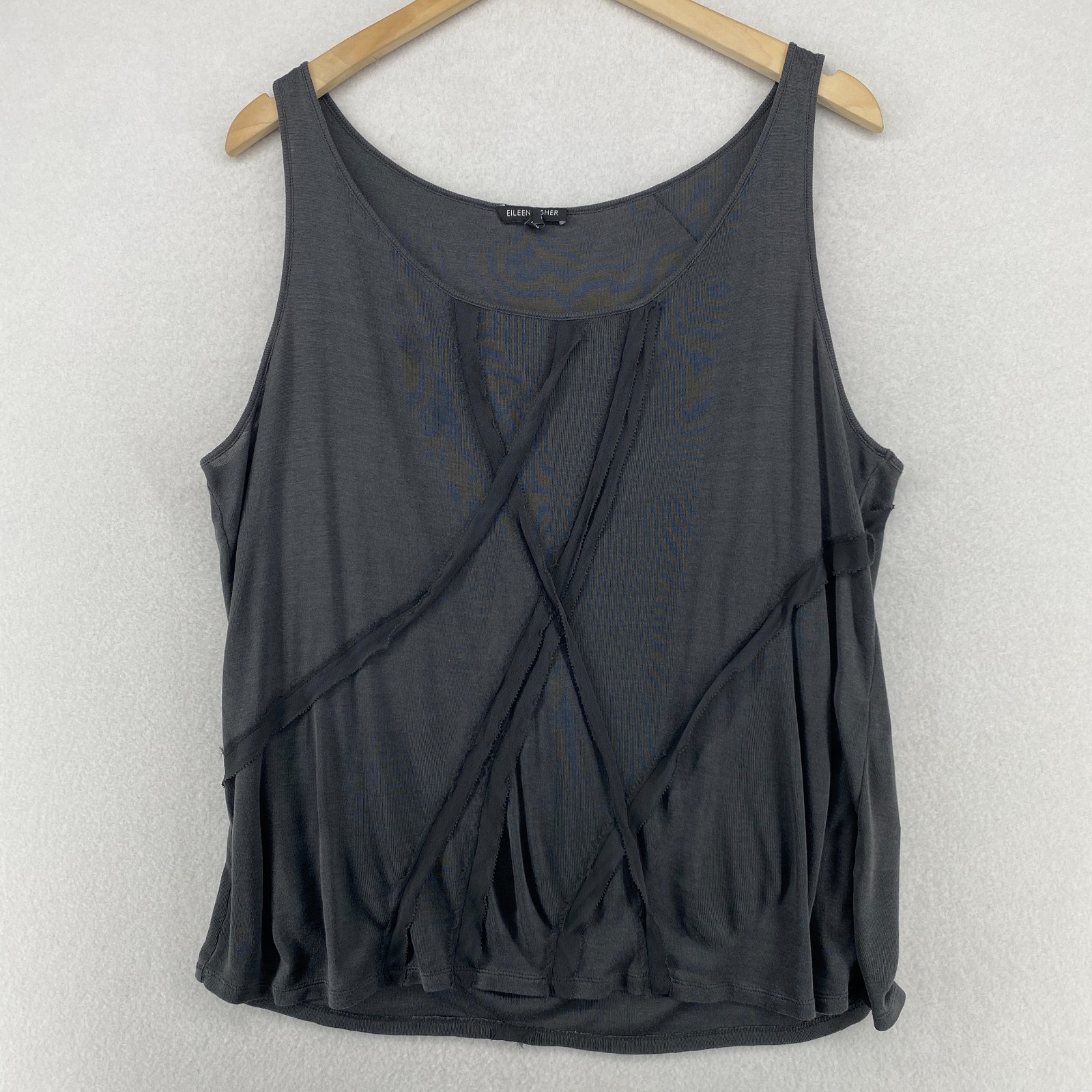 EILEEN FISHER Tank Top XL Silk Cotton Fine Ribbed Jersey Chiffon Trim Gray