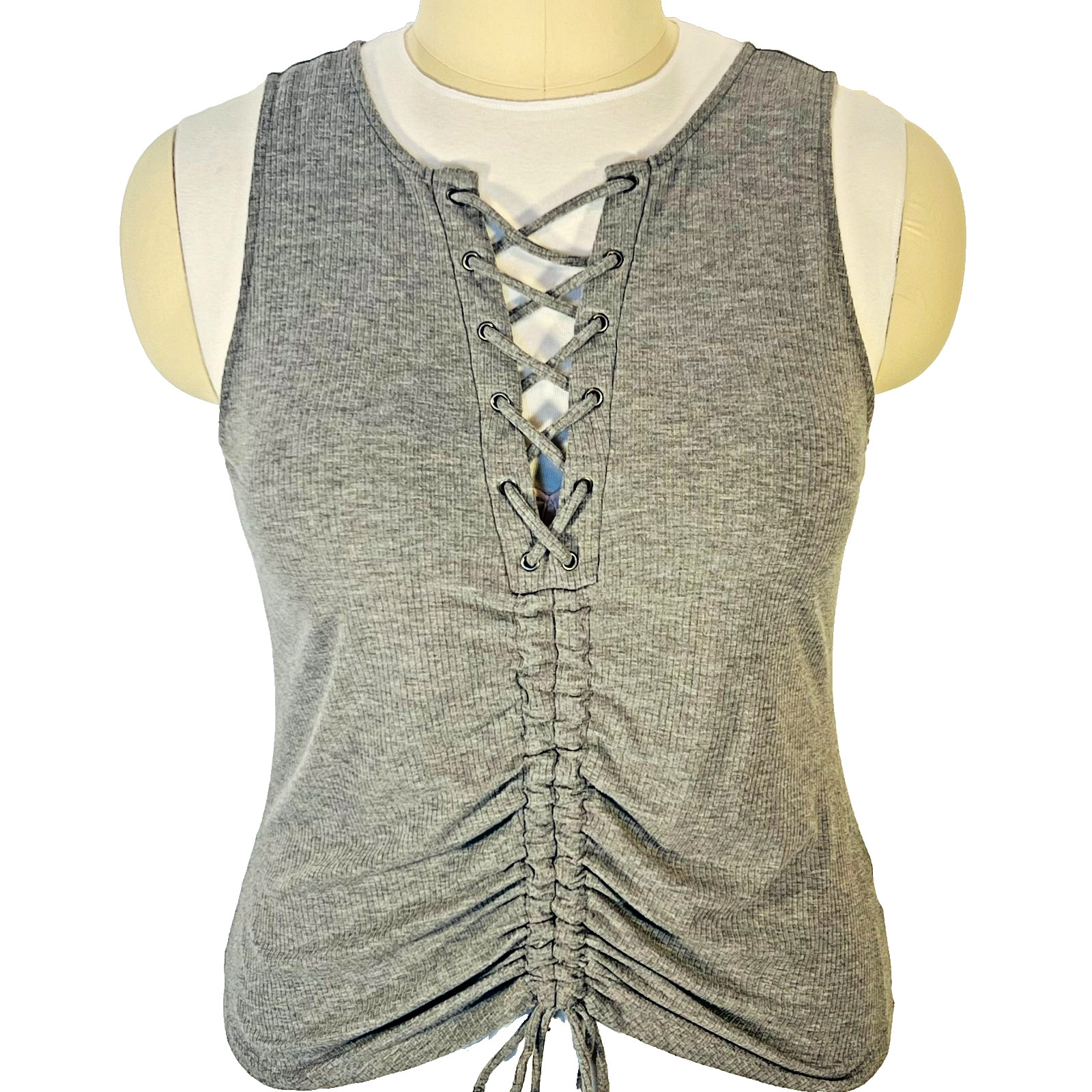 Torrid Tank Top Blouse Womens 2X (2) Gray Ribbed Lace Front Ruched Gathered Hem