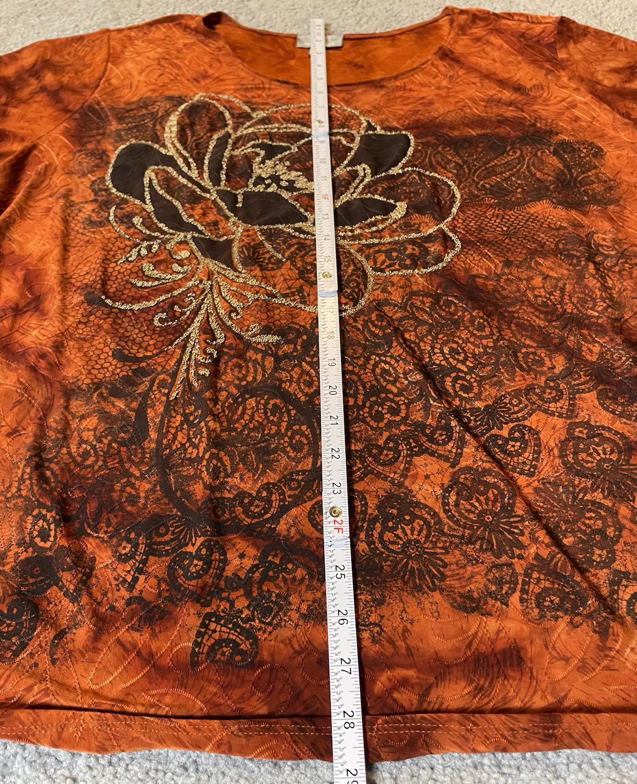90s Essentials Floral Blouse 3X Rustic Brown Beads Side Ruched Boho Cottagecore