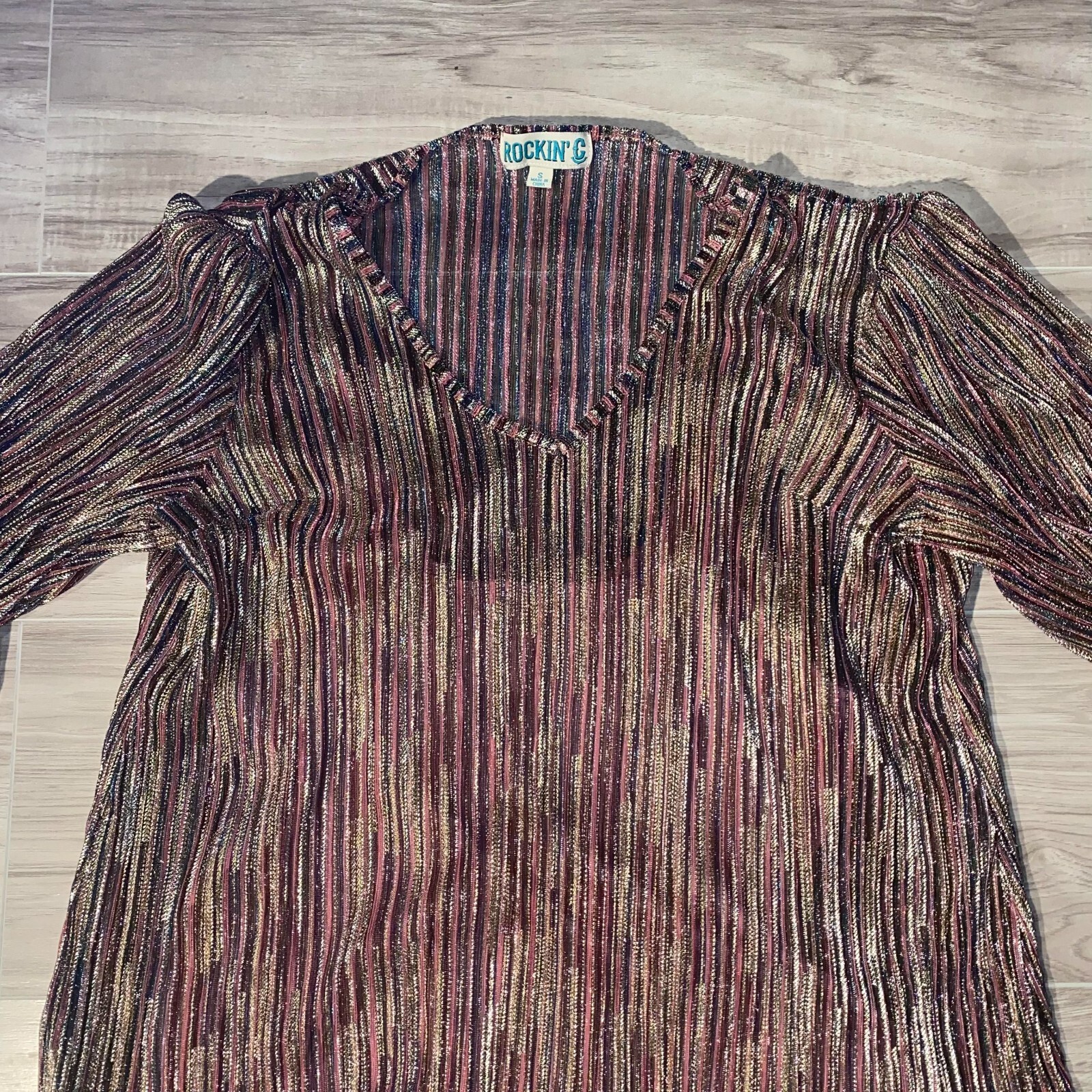 Rockin’ C Womens Multicolor Metallic Sheer Striped V-Neck Blouse Top Size Small