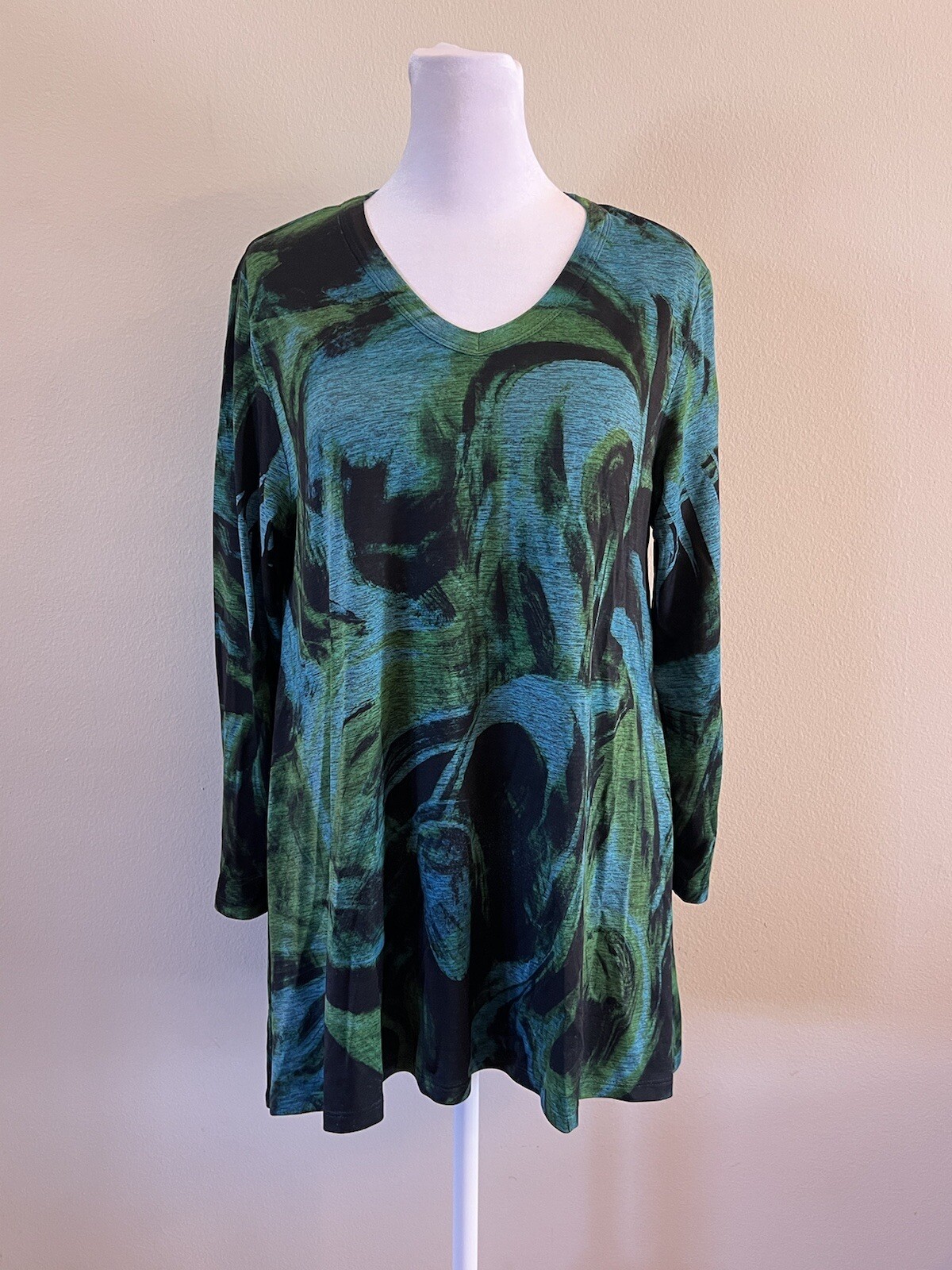 Jess & Jane Blue Green Brush Stroke Swirl V Neck Tunic Art to Wear Boho PM
