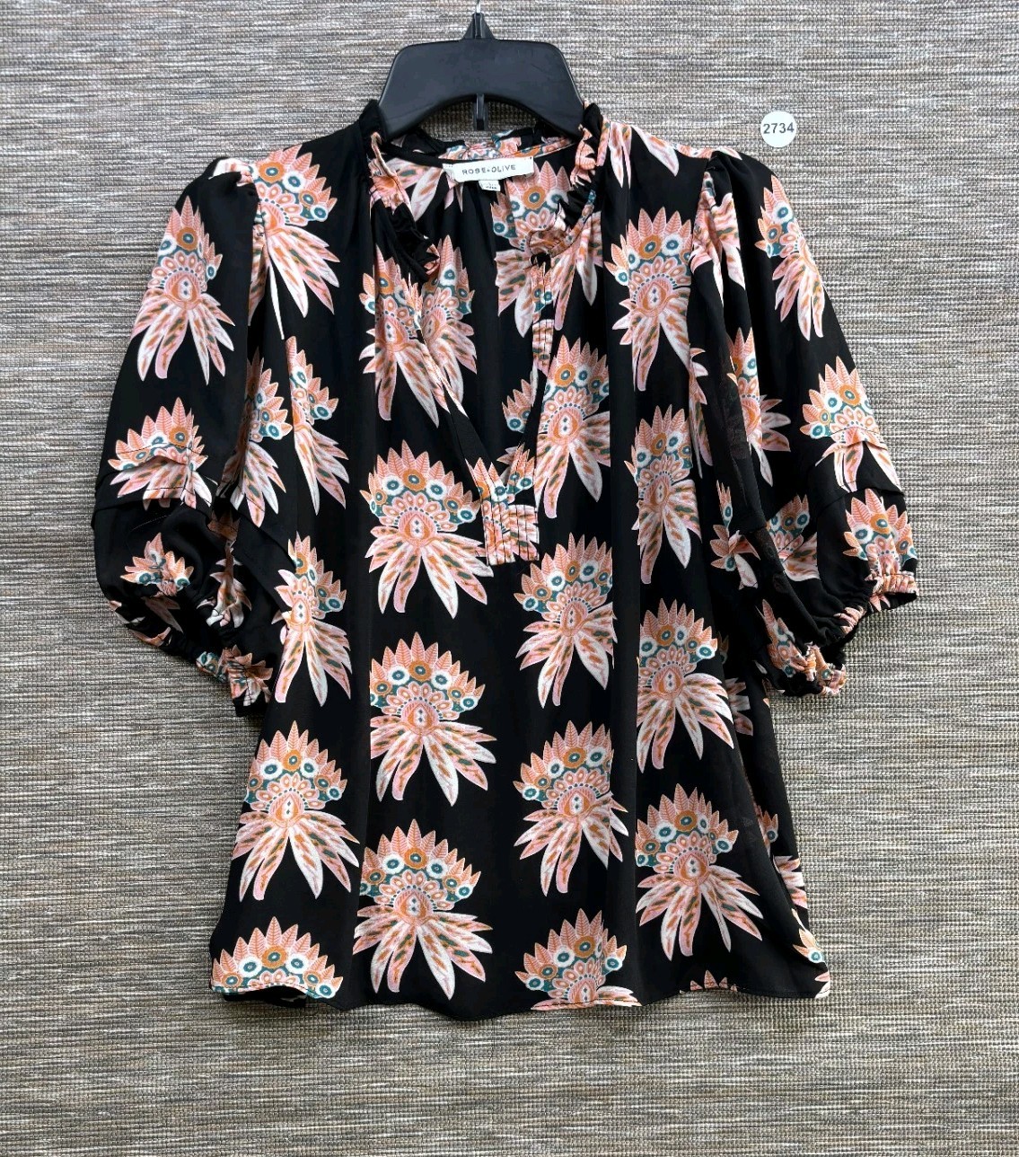 Rose & Olive Floral Paisley Blouse Womens Size S Black Multicolor Short Sleeve