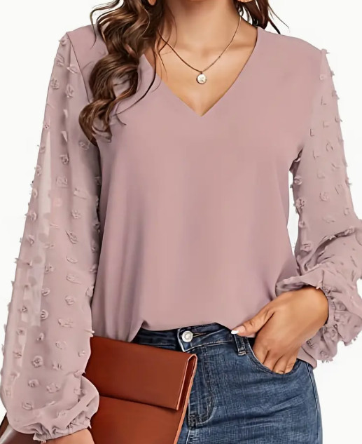 Women’s Swiss Dot V Neck Blouse Long Sleeve Casual Loose Tunic Top Shirt