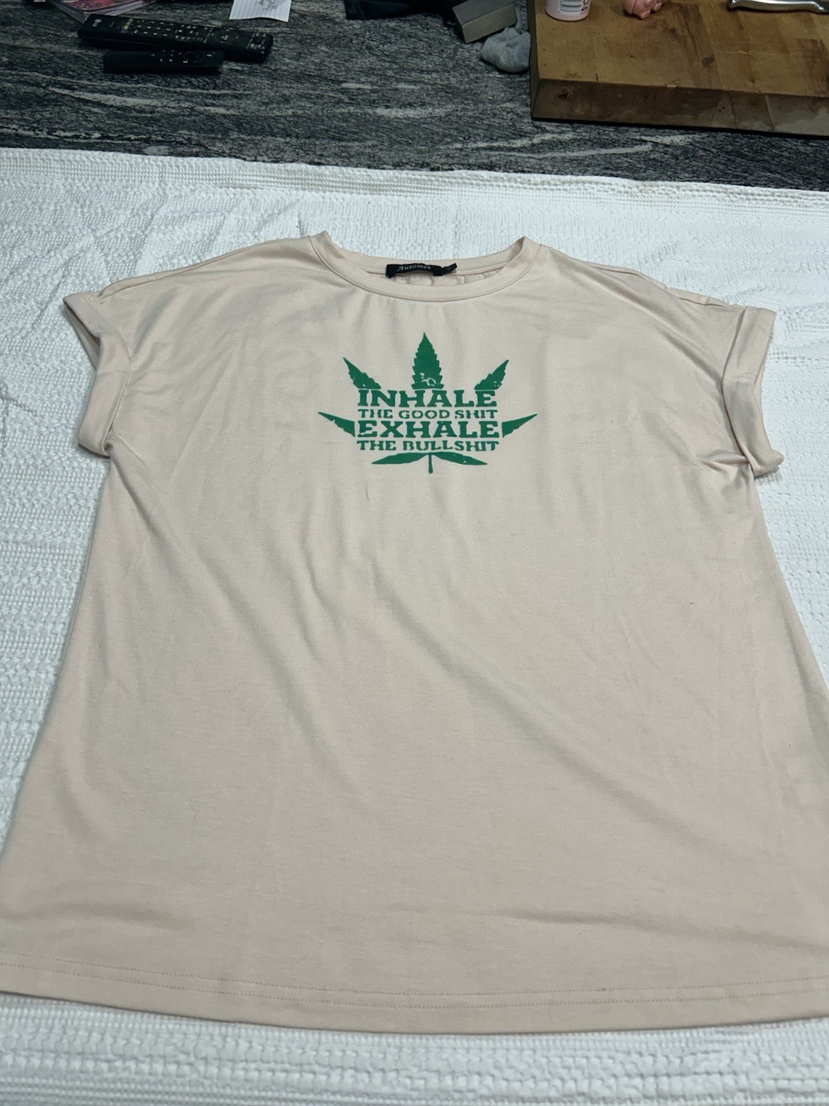“Inhale The Good Stuff” Women’s Peach Sleeveless 420 Leaf T-shirt Size Small New