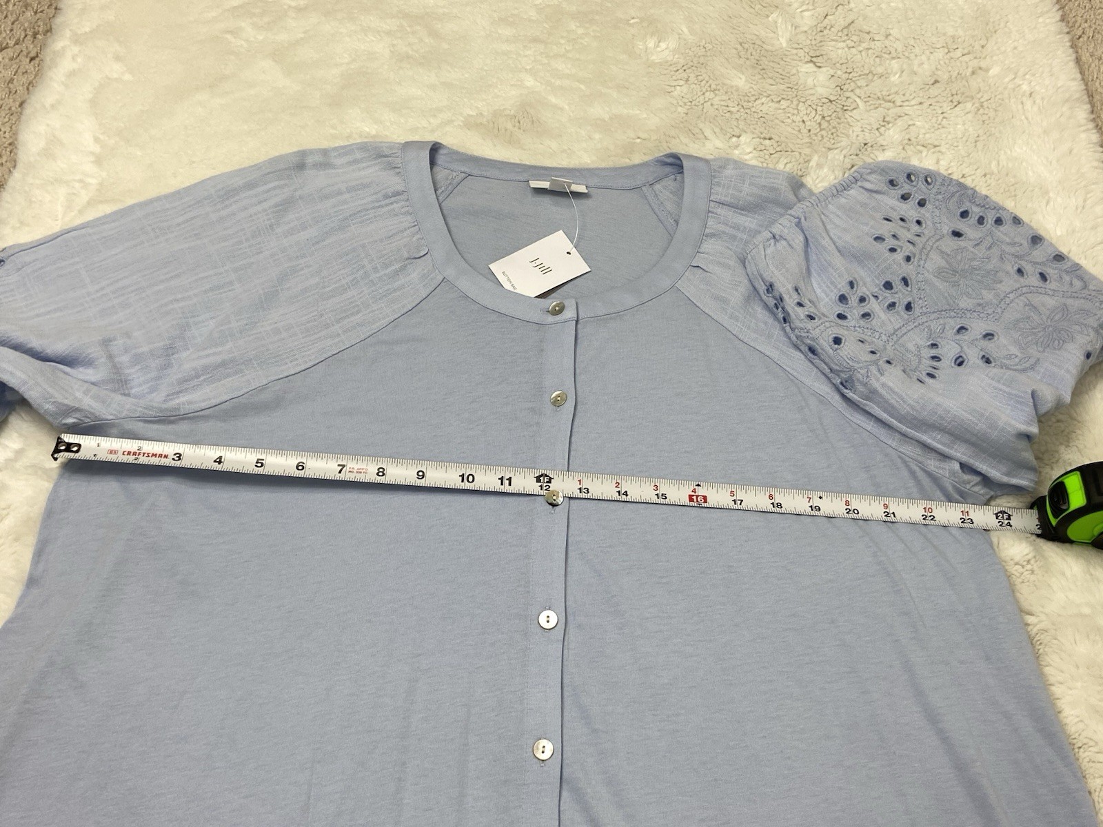 NWT J JILL Placed Eyelet Mixed Media Button Down Top In Cool Water Blue XL Tall