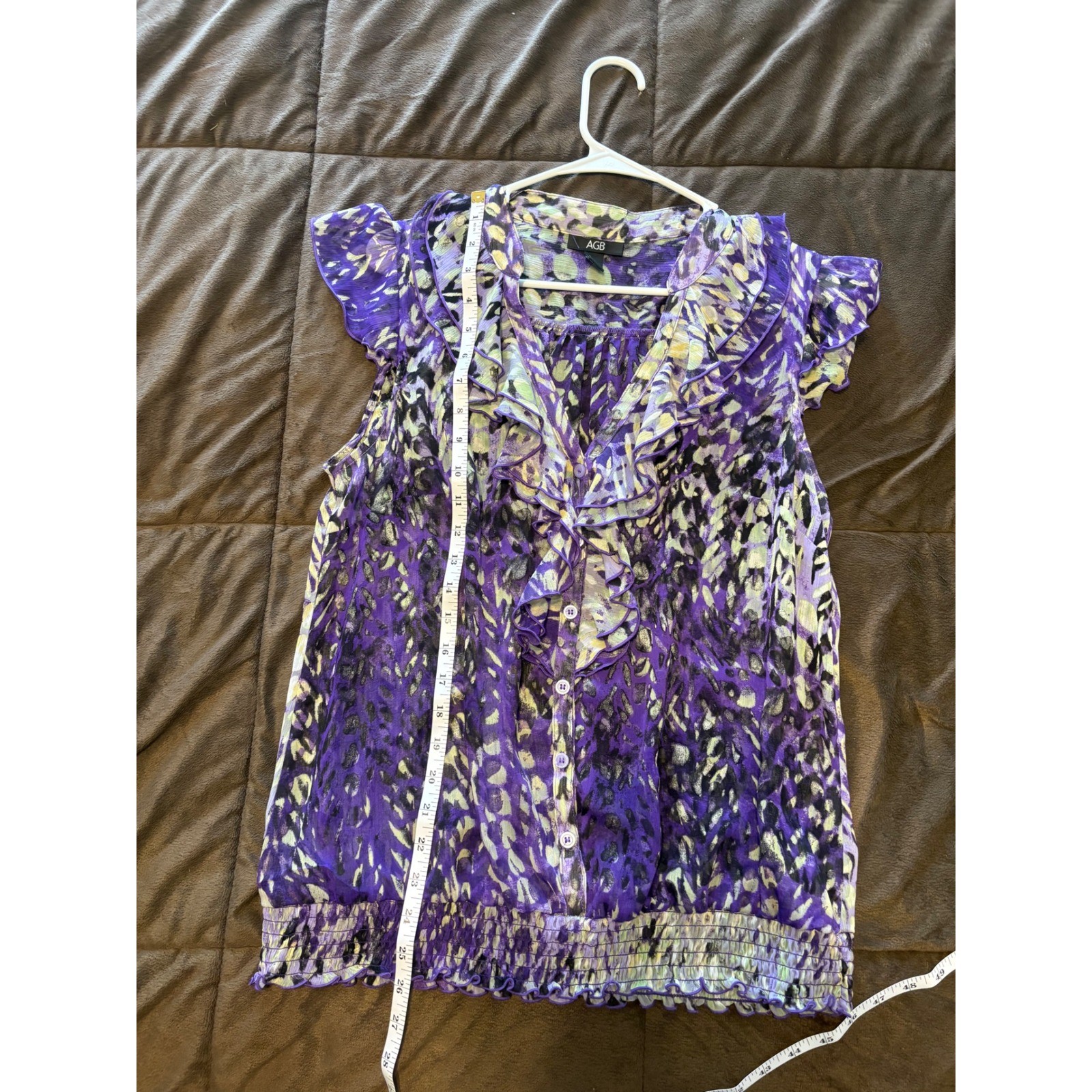 AGB Purple Green Abstract Print Ruffle V-Neck Smocked Hem Blouse Large