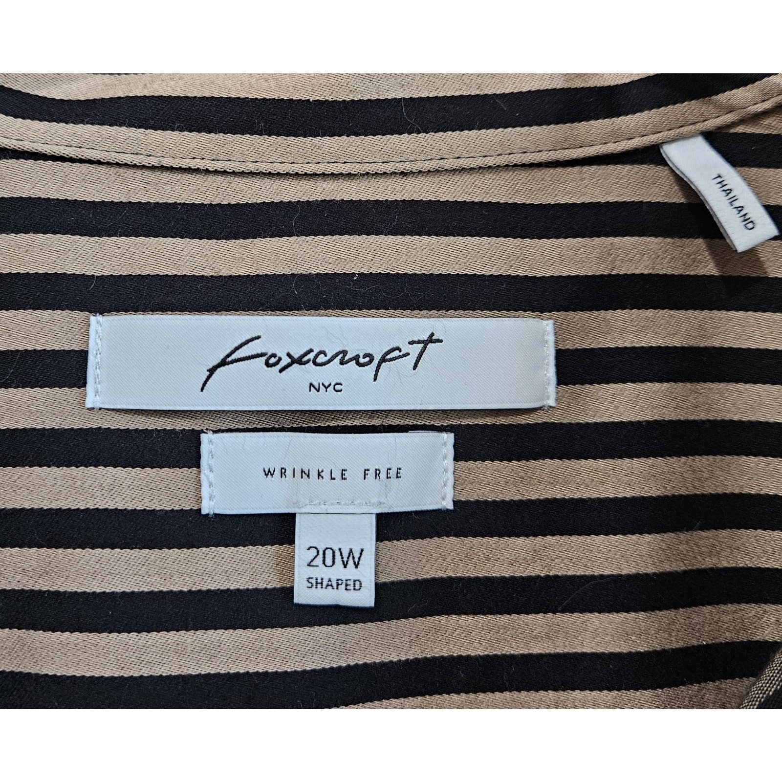 FOXCROFT Women’s Plus 20 W Sateen Blouse Tan Black Bias Striped 3/4 Sleeve 52″