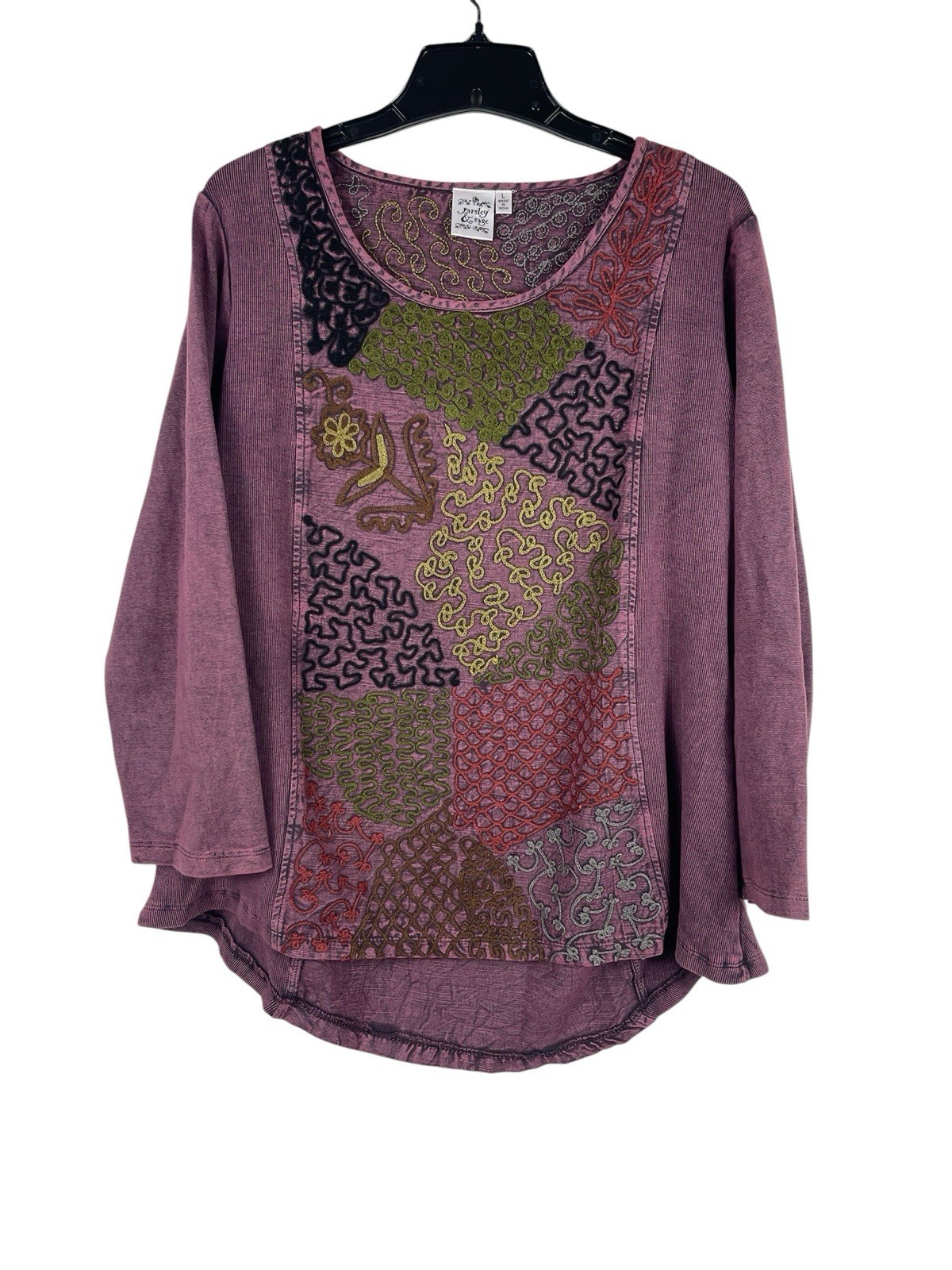 Parsley & Sage L Purple Patchwork Embroidered Tunic Top Boho Artsy Lagenlook