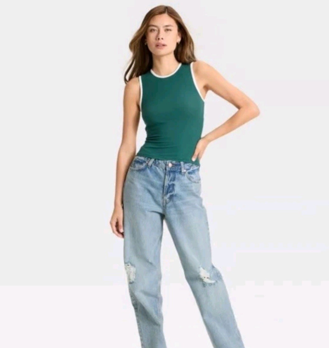 Wild Fable Women’s Open Back Ribbed Tank Top Dark Teal Green Size Small NWT