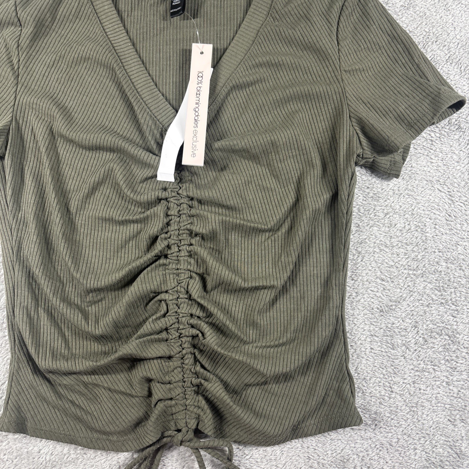 Aqua Women’s Ruched Drawstring Crop Top Short Sleeve Olive Green Size M New